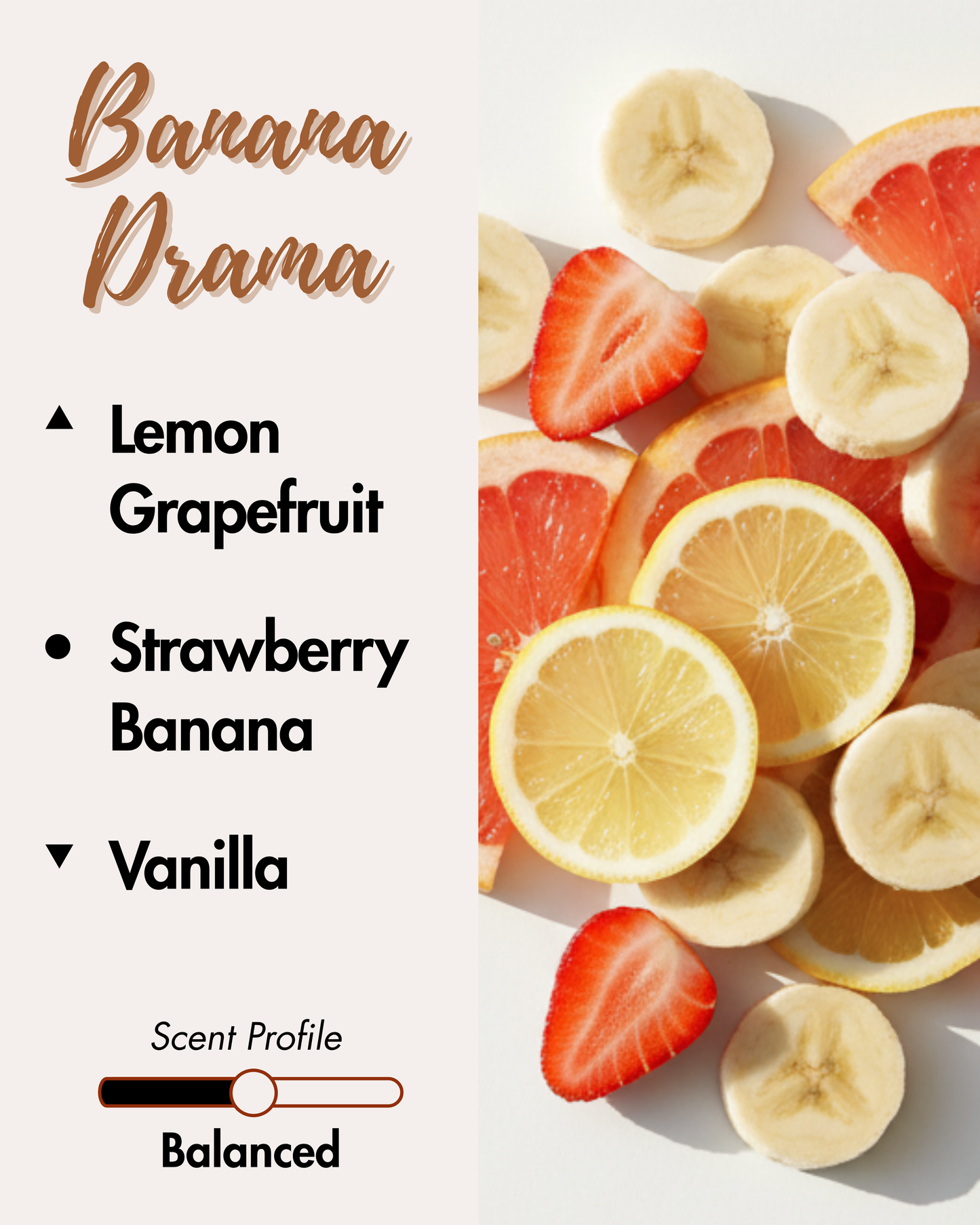 Graphic displaying Harlequin Candles Banana Drama fragrance notes. Top notes: Lemon, Grapefruit. Middle notes: Strawberry, Banana. Base note: Vanilla. Scent profile is rated as Balanced. The image shows fresh yellow bananas, ripe red strawberries, and a sliced lemon.