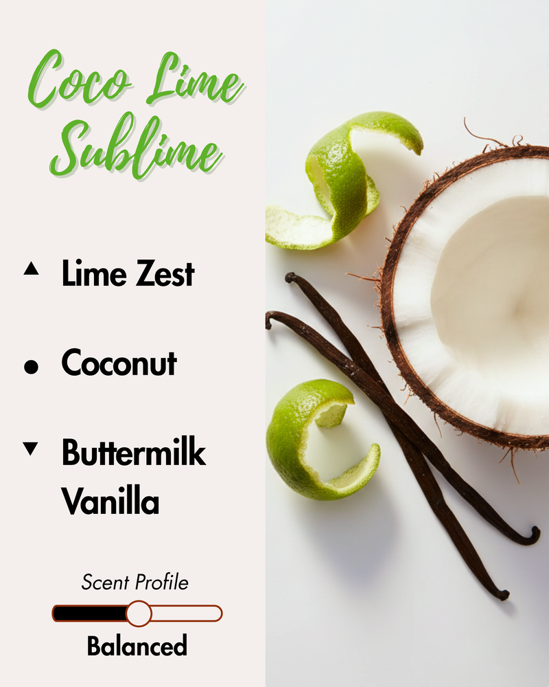 Graphic displaying Harlequin Candles Coco Lime Sublime fragrance notes. Top note: Lime Zest. Middle note: Coconut. Base notes: Buttermilk, Vanilla. Scent profile is rated as Balanced. The image shows a fresh green lime half and a cracked coconut, evoking a tropical aroma.