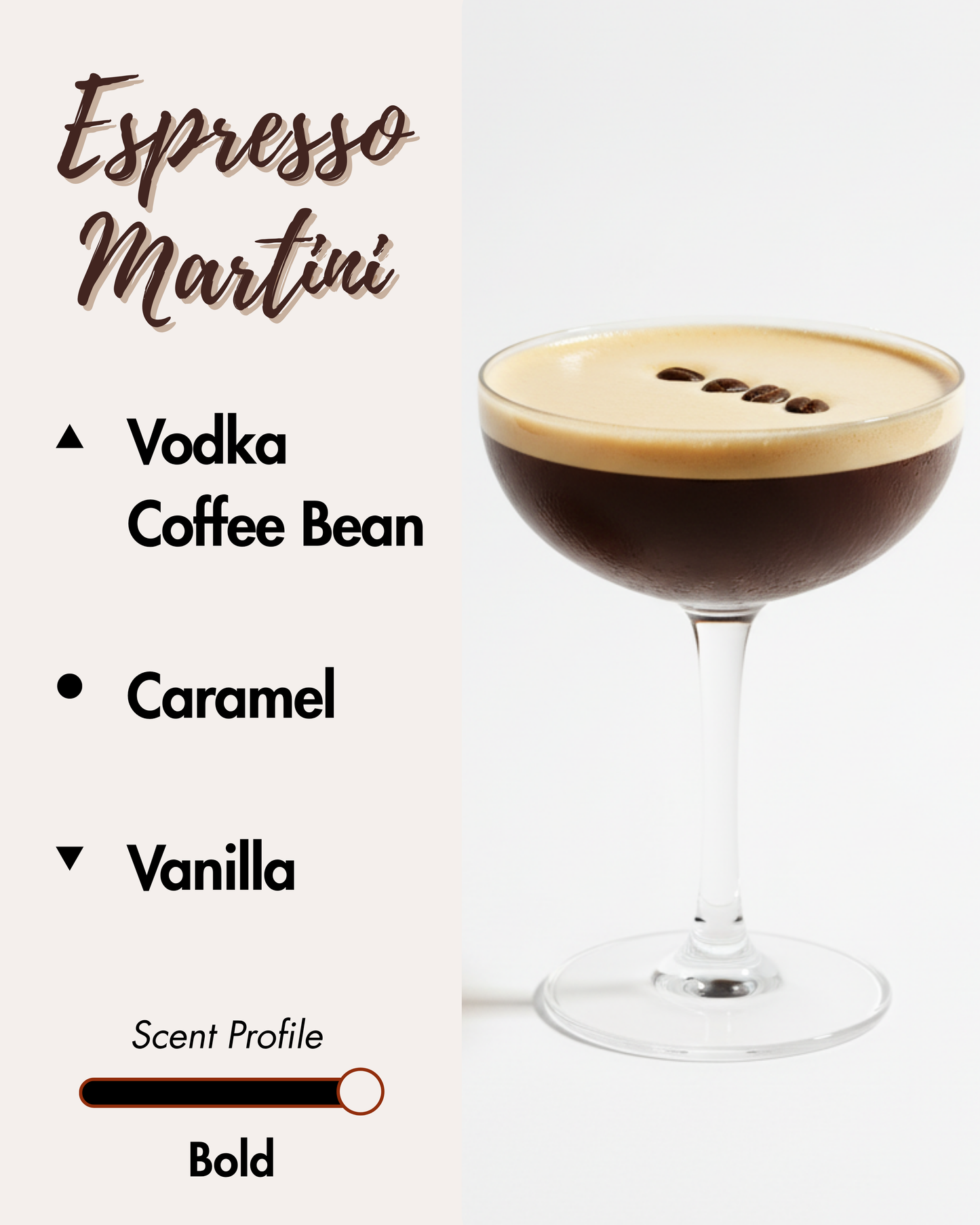 Graphic displaying Harlequin Candles Espresso Martini fragrance notes. Top notes: Vodka, Coffee Bean. Middle note: Caramel. Base note: Vanilla. Scent profile is rated as Bold. The image shows a classic Espresso Martini cocktail garnished with coffee beans and a caramel drizzle.