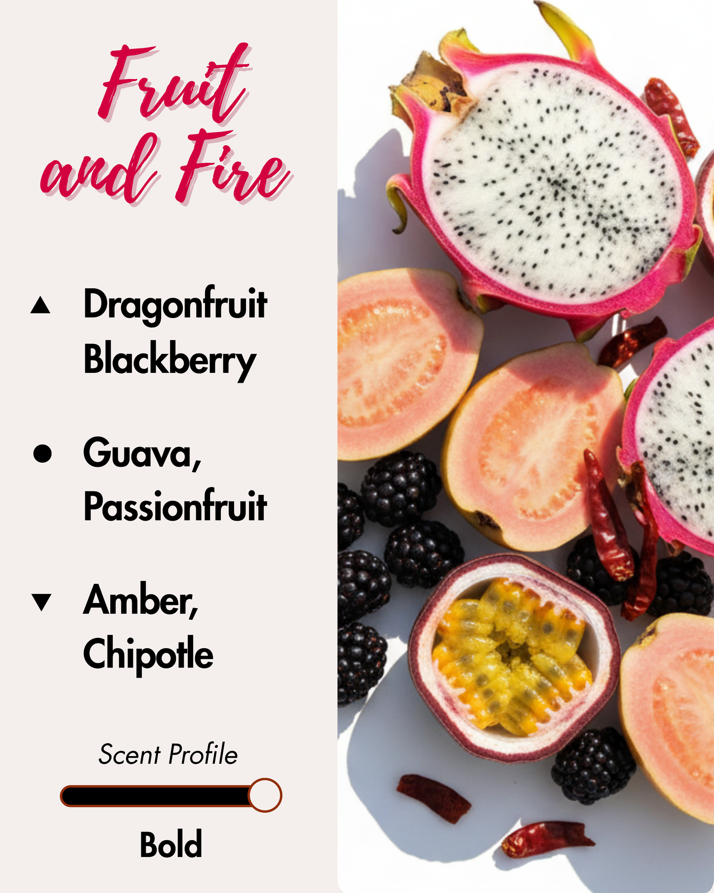 Graphic displaying Harlequin Candles Fruit and Fire fragrance notes. Top notes: Dragonfruit, Blackberry. Middle notes: Guava, Passionfruit. Base notes: Amber, Chipotle, Jalapeño. Scent profile is rated as Bold. The image shows fresh dragonfruit, blackberries, passionfruit, and a red chili pepper.