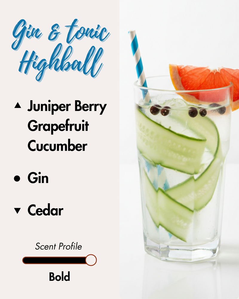 Graphic displaying Harlequin Candles Gin & Tonic Highball fragrance notes. Top notes: Juniper Berry, Grapefruit, Cucumber. Middle note: Gin. Base note: Cedar. Scent profile is rated as Bold. The image shows a bottle of gin next to a refreshing gin and tonic cocktail garnished with lime, cucumber, and juniper berries.