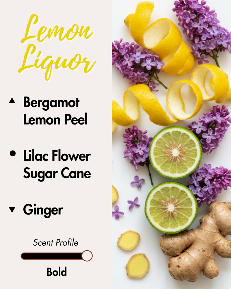 Graphic displaying Harlequin Candles Lemon Liquor fragrance notes. Top notes: Bergamot, Lemon Peel. Middle notes: Lilac Flower, Sugar Cane. Base note: Ginger. Scent profile is rated as Bold. The image shows two small corked bottles of yellow liquid, a sliced bergamot, and fresh ginger.