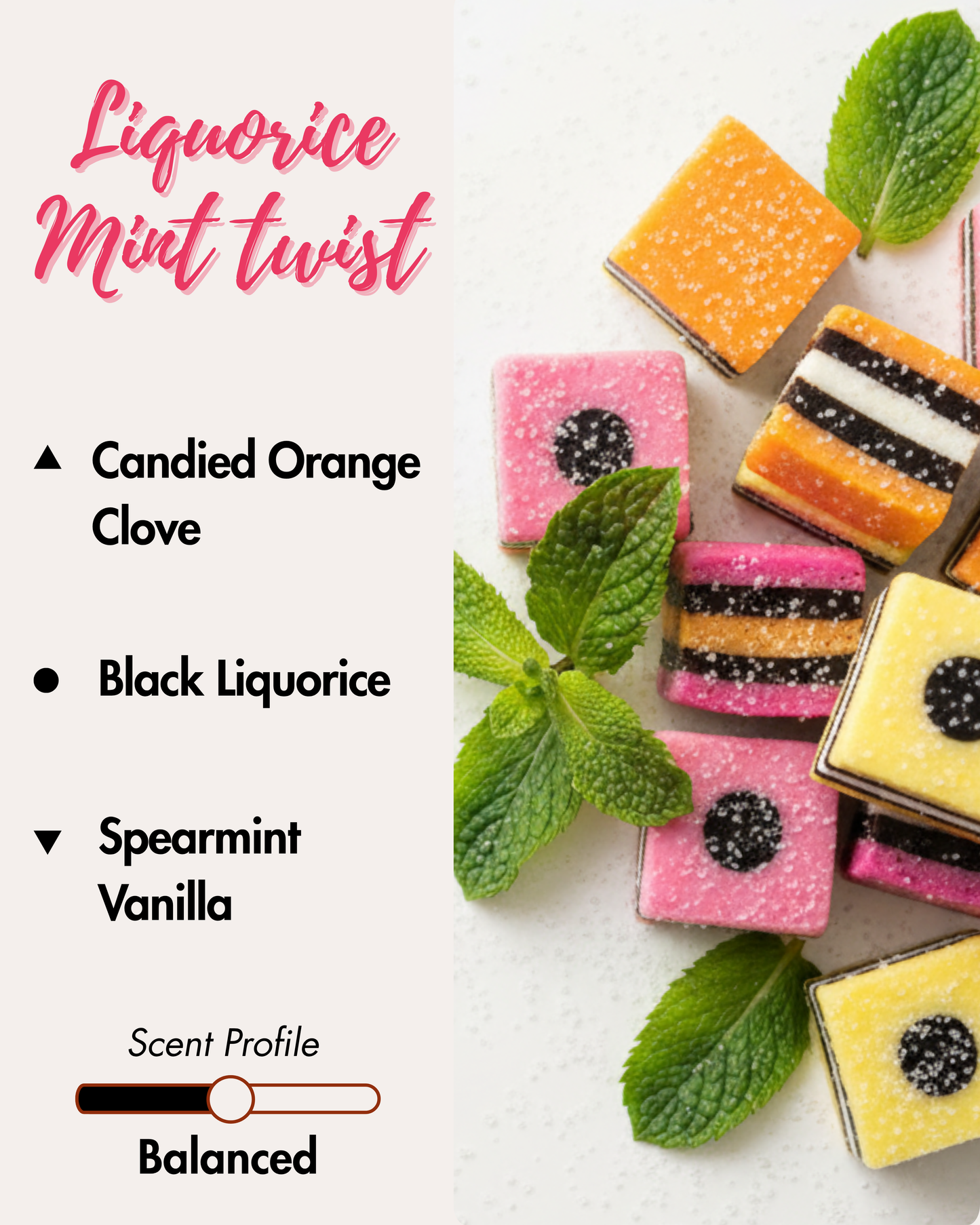 Graphic displaying Harlequin Candles Liquorice Mint Twist fragrance notes. Top notes: Candied Orange, Clove. Middle note: Black Liquorice. Base notes: Spearmint, Vanilla. Scent profile is rated as Balanced. The image shows colourful liquorice allsorts candy spilling from a glass jar onto a purple background.