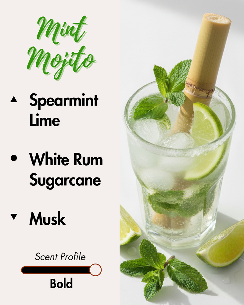Graphic displaying Harlequin Candles Mint Mojito fragrance notes. Top notes: Spearmint, Lime. Middle note: White Rum. Base notes: Musk, Amber. Scent profile is rated as Bold. The image shows a refreshing Mojito cocktail garnished with lime and mint.