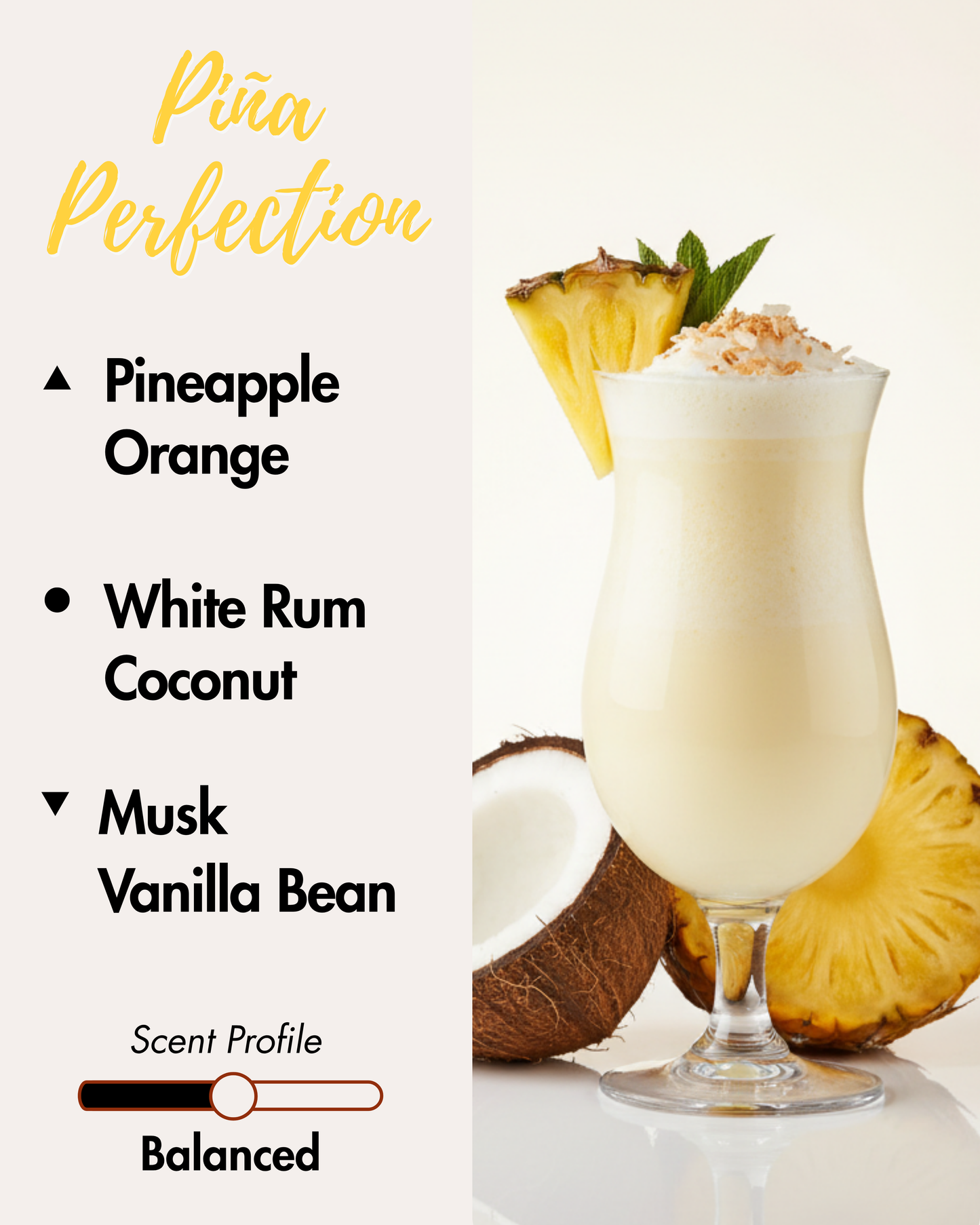 Graphic displaying Harlequin Candles Piña Perfection (Pina Colada scent) fragrance notes. Top notes: Pineapple, Orange. Middle notes: White Rum, Coconut, Hibiscus. Base notes: Musk, Vanilla Bean. Scent profile is rated as Balanced.