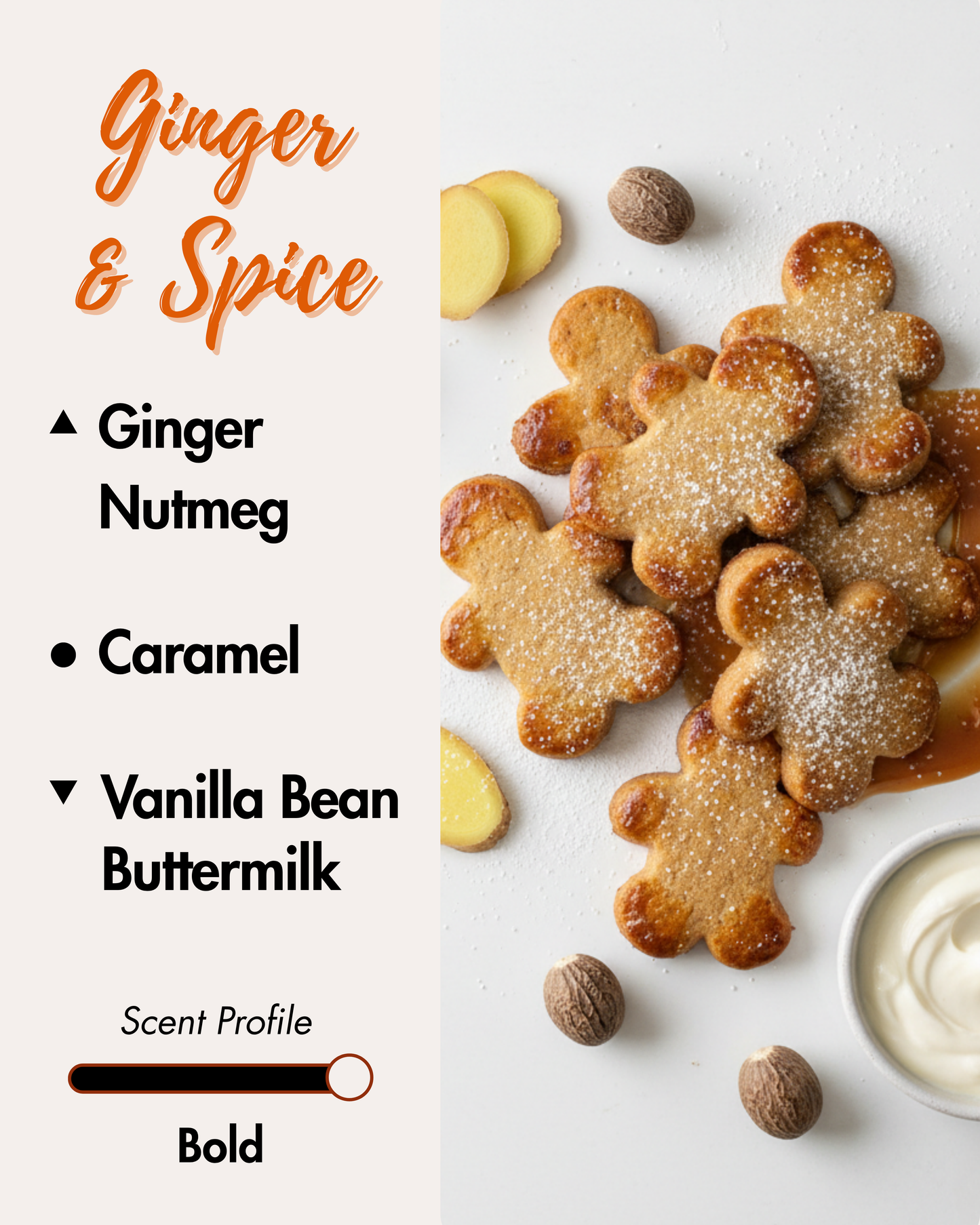 Graphic displaying Harlequin Candles Pumpkin Spice and Everything Nice fragrance notes. Top notes: Ginger, Nutmeg. Middle notes: Pumpkin, Caramel. Base note: Vanilla Bean. Scent profile is rated as Bold. The image shows a steaming latte with latte art in a paper cup, beside cinnamon sticks and scattered spices, evoking a warm and comforting aroma.