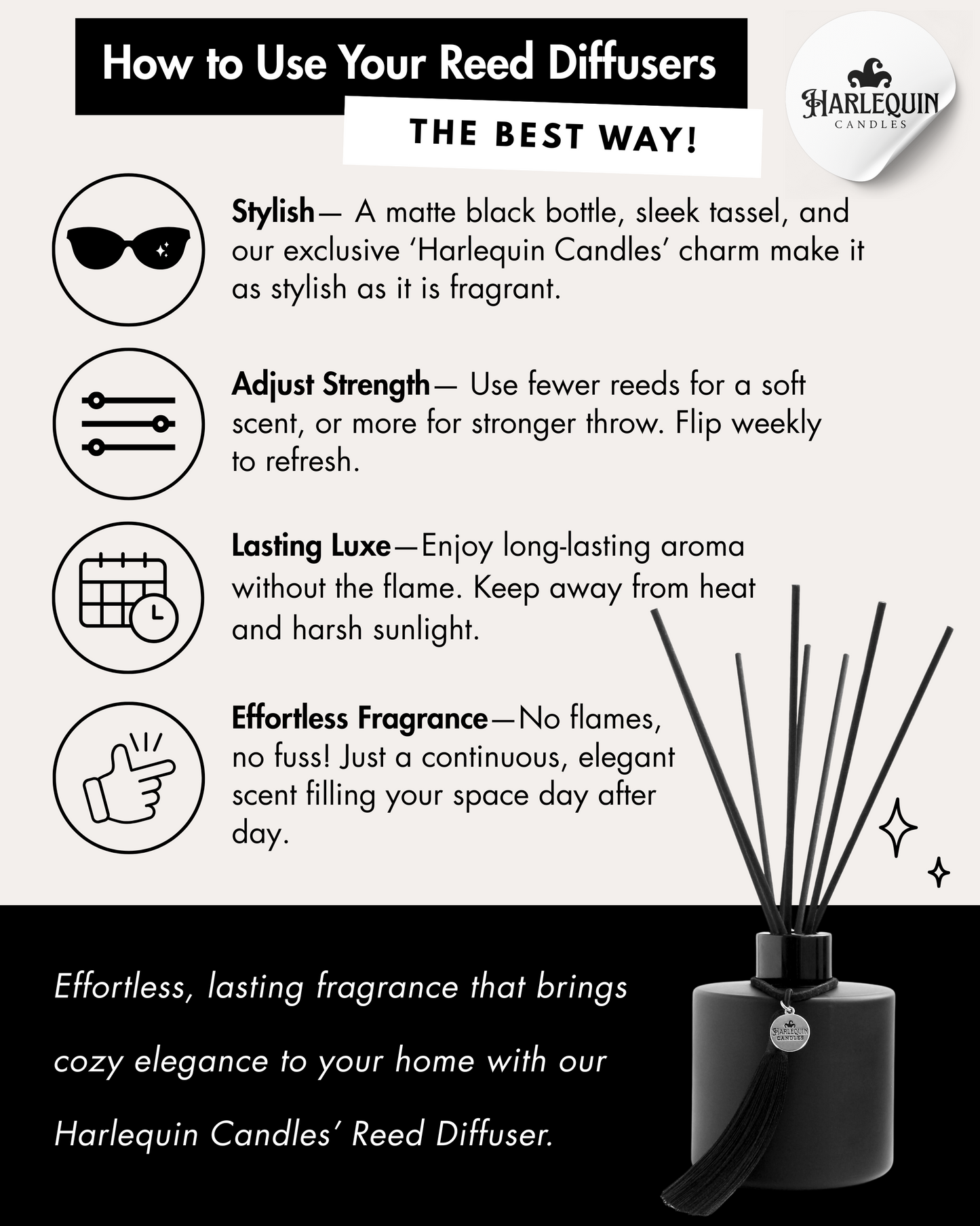 Infographic by Harlequin Candles: 'How to Use Your Reed Diffusers The Best Way!' Tips include: Set It Up Right (place in good air flow, no direct sun), Adjust Strength (fewer reeds for subtle, more for strong, flip to refresh), Style & Placement (safe, sturdy spot for sleek bottle), and Make It Last (away from heat/sunlight to extend life). Features a matte black Harlequin Candles reed diffuser