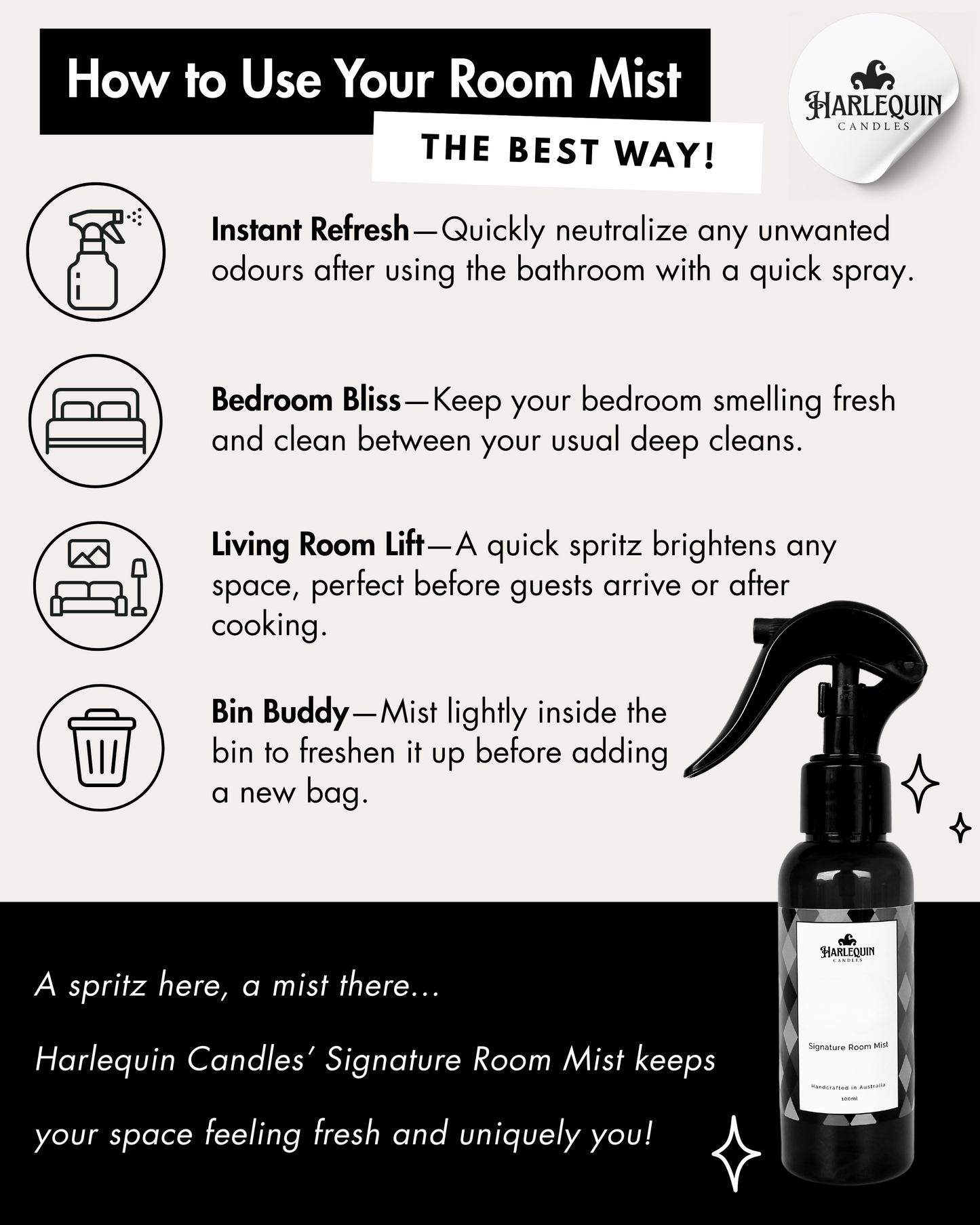 Infographic by Harlequin Candles: 'How to Use Your Room Mist The Best Way!' Tips include Instant Refresh (for bathrooms), Bedroom Bliss (keep fresh), Living Room Lift (brighten space), and Bin Buddy (freshen bins). Features a Harlequin Candles Signature Room Mist bottle, highlighting versatile home fragrance applications.