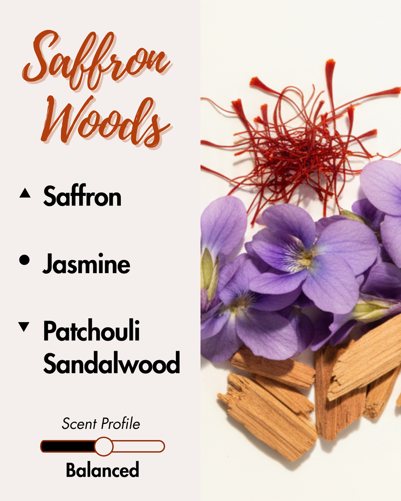 Graphic displaying Harlequin Candles Saffron Woods fragrance notes. Top note: Saffron. Middle note: Jasmine. Base notes: Patchouli, Sandalwood. Scent profile is rated as Balanced. The image shows vibrant red saffron threads, a wooden stick, and purple flowers.