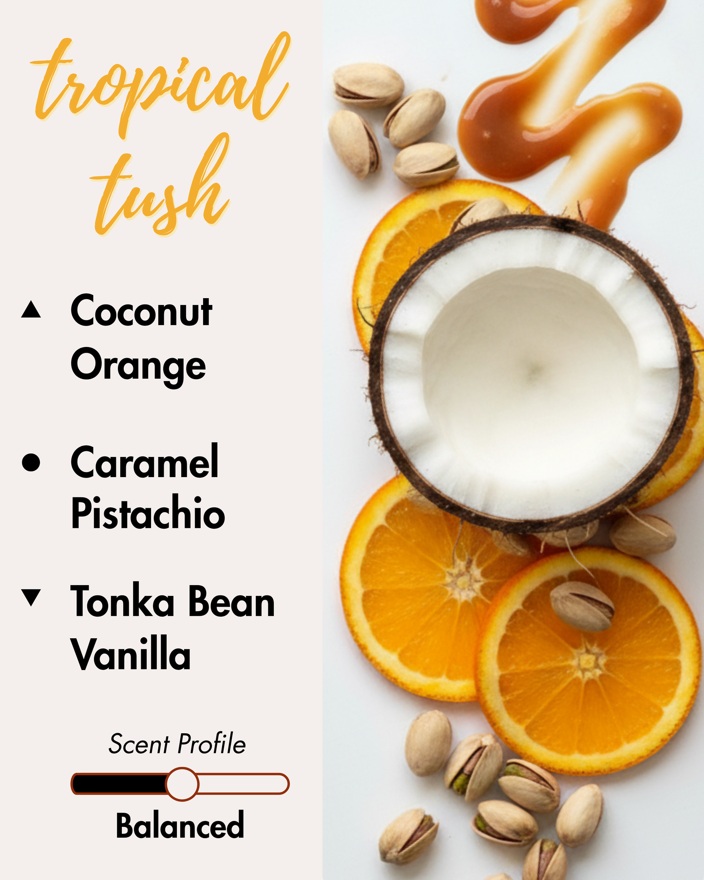 Graphic displaying Harlequin Candles Tropical Tush fragrance notes, inspired by popular Brazilian bum creams. Top notes: Cream, Coconut, Orange. Middle notes: Caramel, Pistachio. Base notes: Tonka Bean, Sandalwood, Vanilla Bean. Scent profile is rated as Balanced.