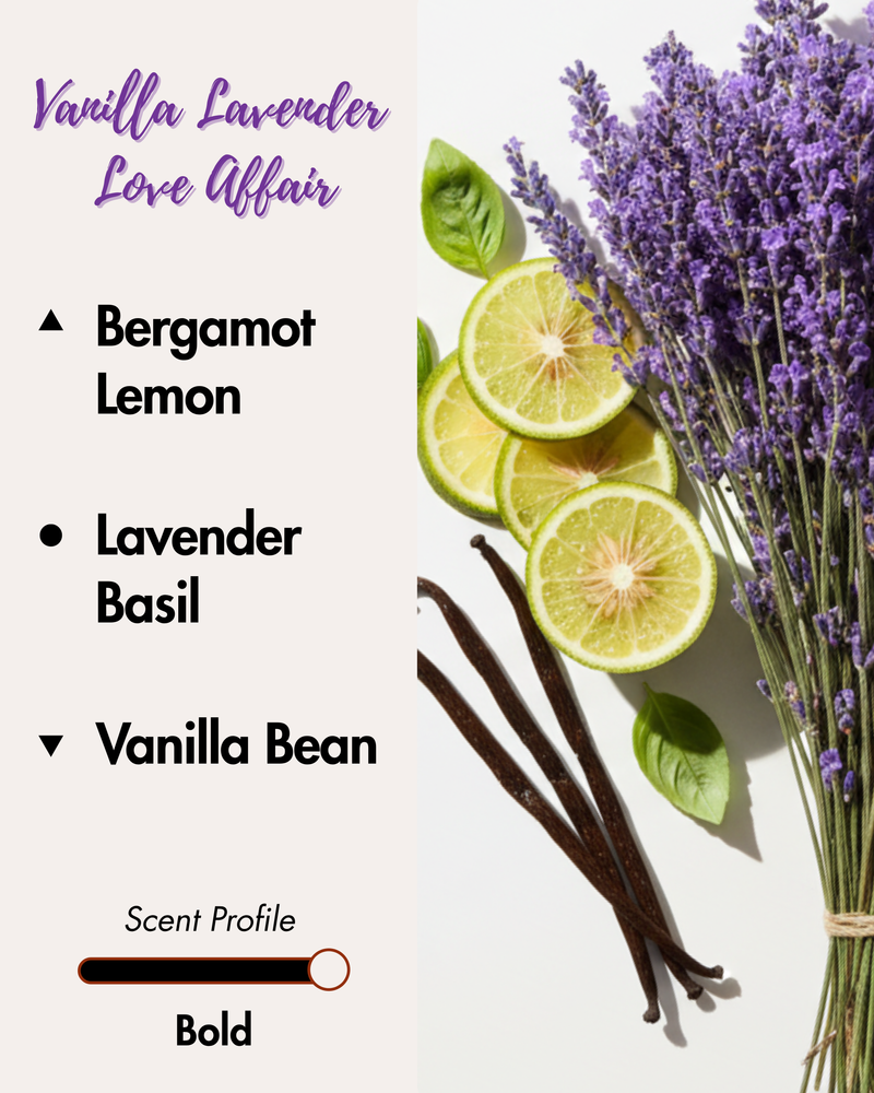 Graphic displaying Harlequin Candles Vanilla Lavender Love Affair fragrance notes. Top notes: Bergamot, Lemon. Middle notes: Lavender, Basil. Base note: Vanilla Bean. Scent profile is rated as Bold. The image shows fresh lavender sprigs, basil leaves, vanilla beans, and a lemon slice, conveying a rich and complex aroma.