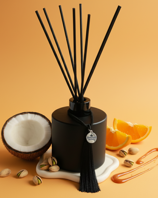 Australian Made Harlequin Candles Tropical Tush Reed Diffuser, Bum Bum Cream Scent, Caramel, Pistachio, Coconut Fragrance.