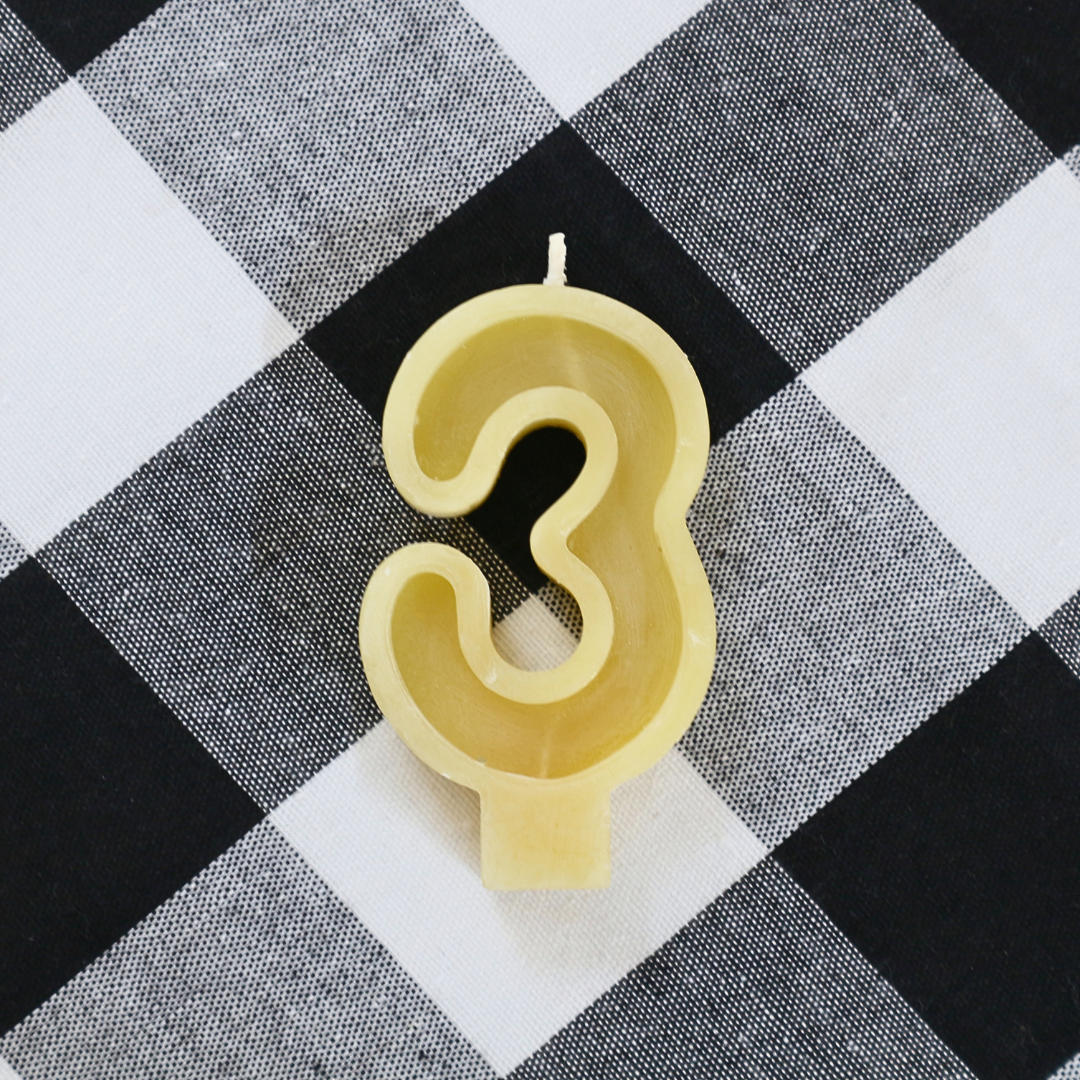 Handmade Australian beeswax number 3 birthday candle for cakes and birthday celebrations.