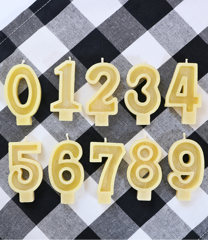 Handmade Australian beeswax number birthday candles from 0 to 9 for cakes, milestone birthdays and celebrations.