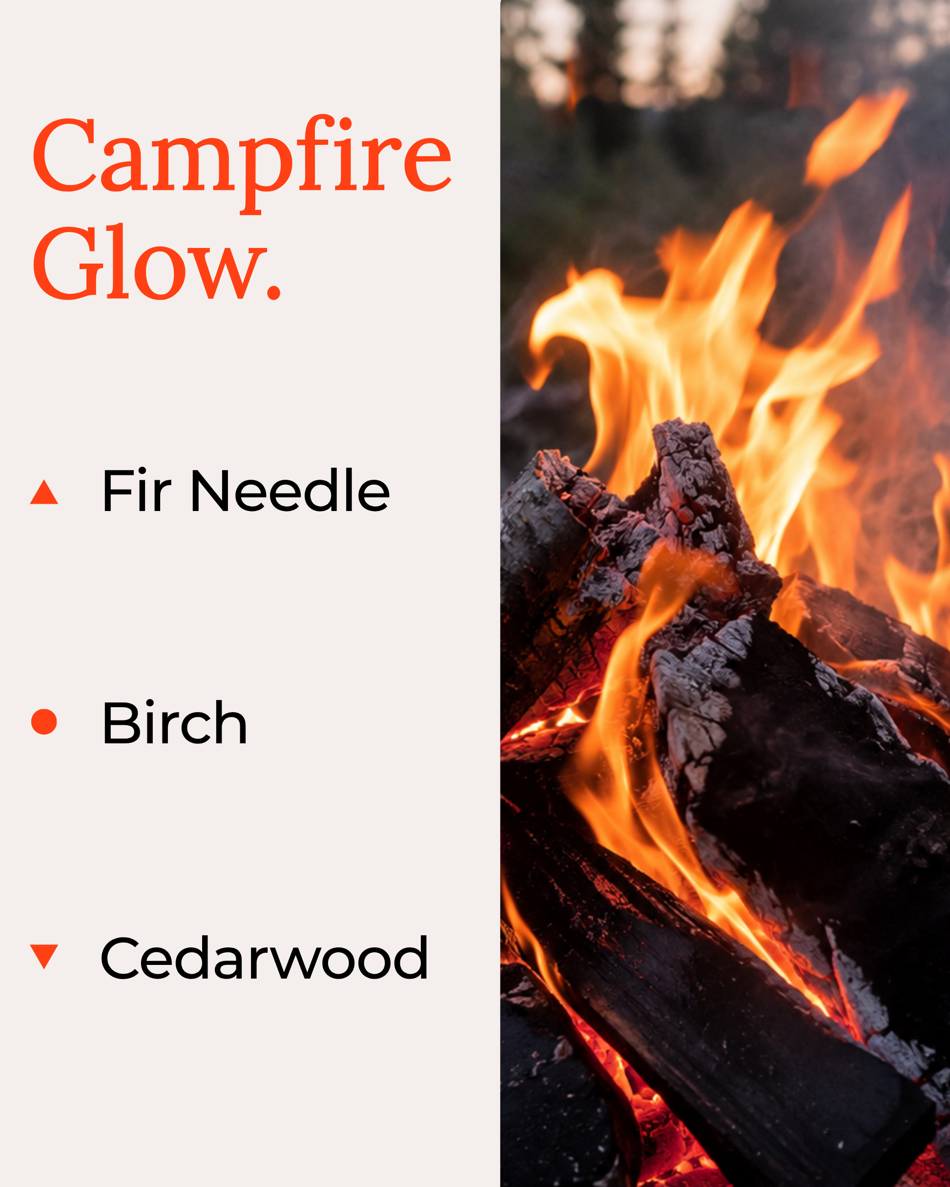 Campfire with flames and wood, labeled 'Campfire Glow' with scents 'Fir Needle', 'Birch', and 'Cedarwood'.