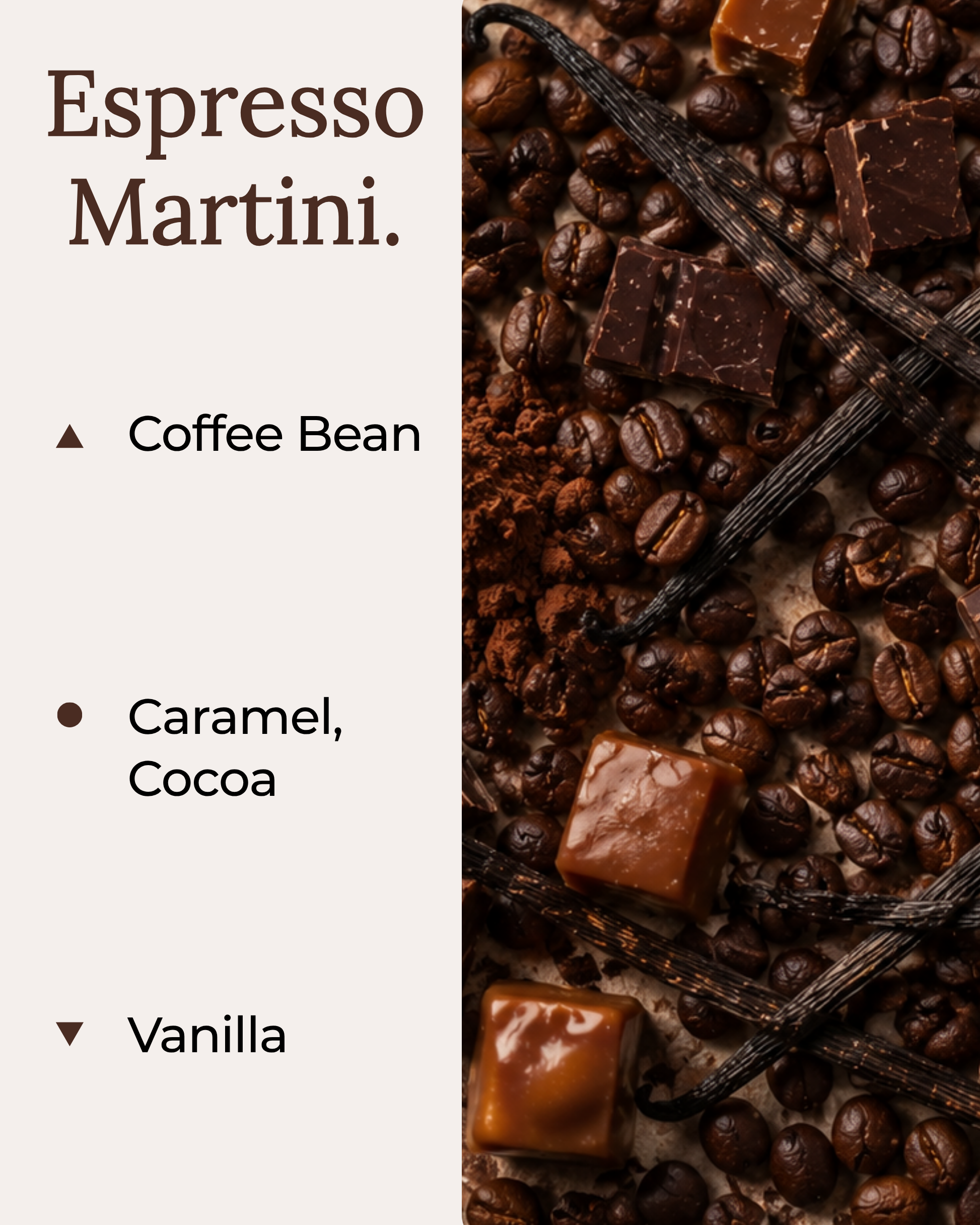 Espresso Martini fragrance notes featuring roasted coffee beans, rich caramel, dark cocoa and smooth vanilla, capturing the warm, indulgent aroma of Harlequin Candles' Espresso Martini soy wax melts.