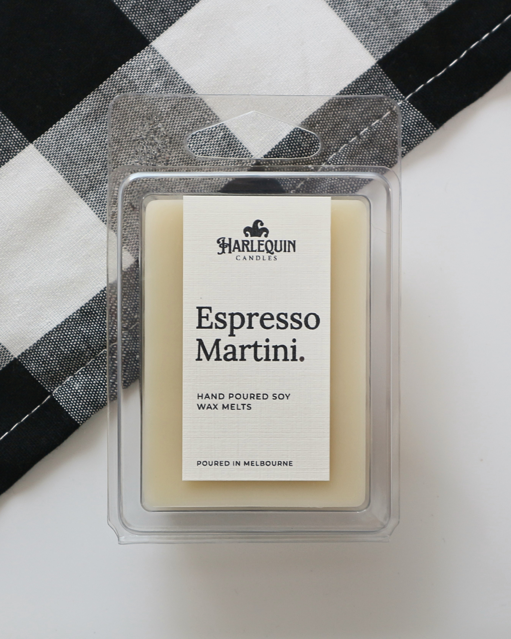 Harlequin Candles Espresso Martini soy wax melts in a clear clamshell, hand-poured in Melbourne with rich coffee bean, caramel, cocoa and vanilla fragrance.