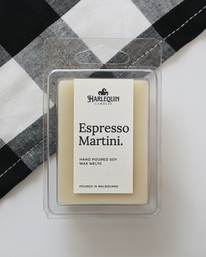 Harlequin Candles Espresso Martini soy wax melts in a clear clamshell, hand-poured in Melbourne with rich coffee bean, caramel, cocoa and vanilla fragrance.