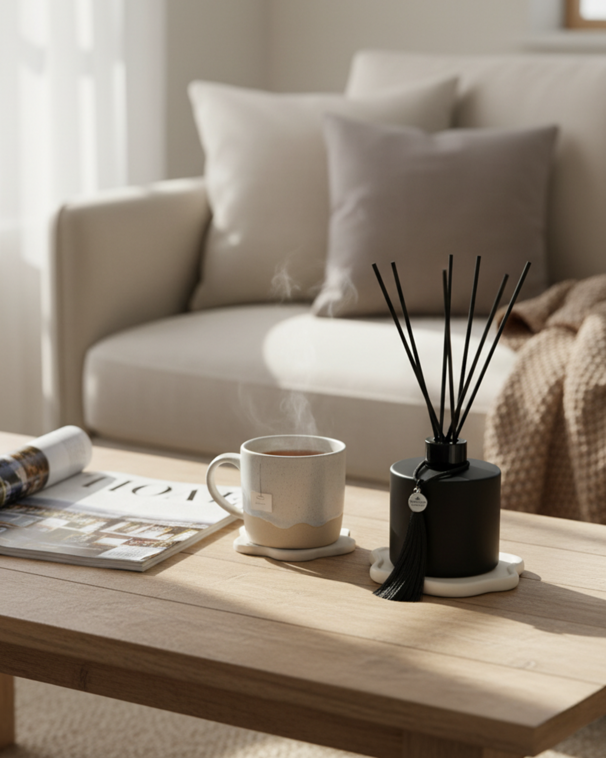 A black matte reed diffuser in a cozy living room evoking a refreshing and comforting space.