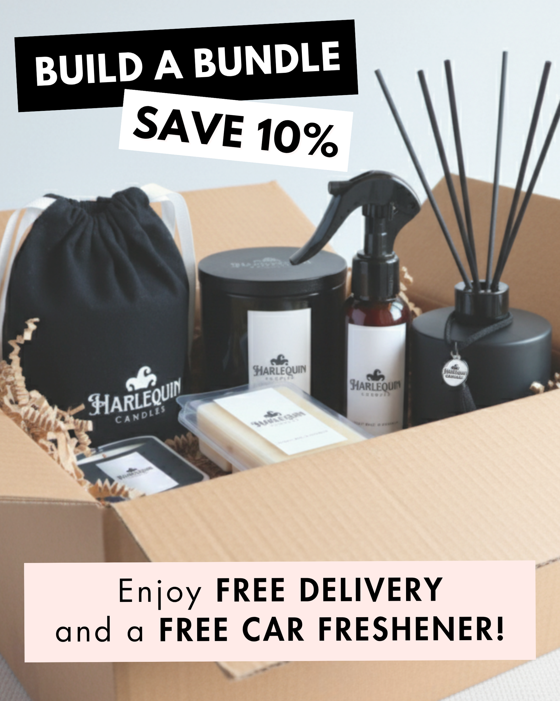 Custom "Build a Bundle" home fragrance gift set by Harlequin Candles Australia. Includes luxury soy candles, reed diffusers, room sprays, scented wax melts, and natural beeswax taper candles.