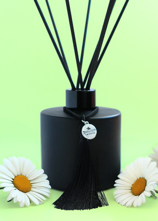 Harlequin Candles Daisy Daydream Reed Diffuser in a matte black bottle with black reeds and a decorative black tassel with a silver logo charm, flanked by two white daisies on a vibrant green background.
