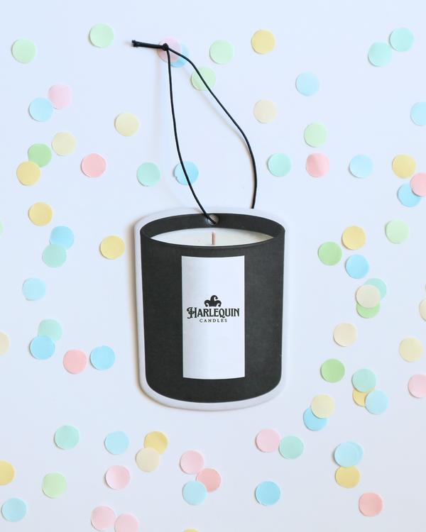 Black Harlequin Candles hanging car freshener, handmade for refreshing scent in your car or space.