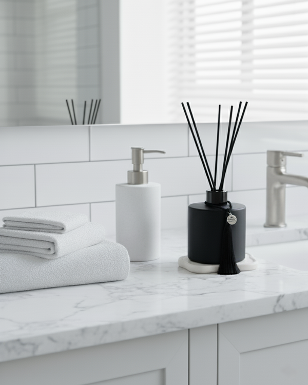 A Harlequin Candles black reed diffuser with a tassel adding a touch of luxury to a serene, white bathroom setting.