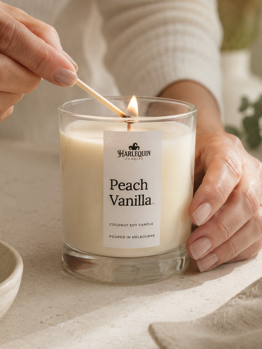 Person lighting a 'Peach Vanilla' handpoured coconut soy Harlequin candle with a wooden match.