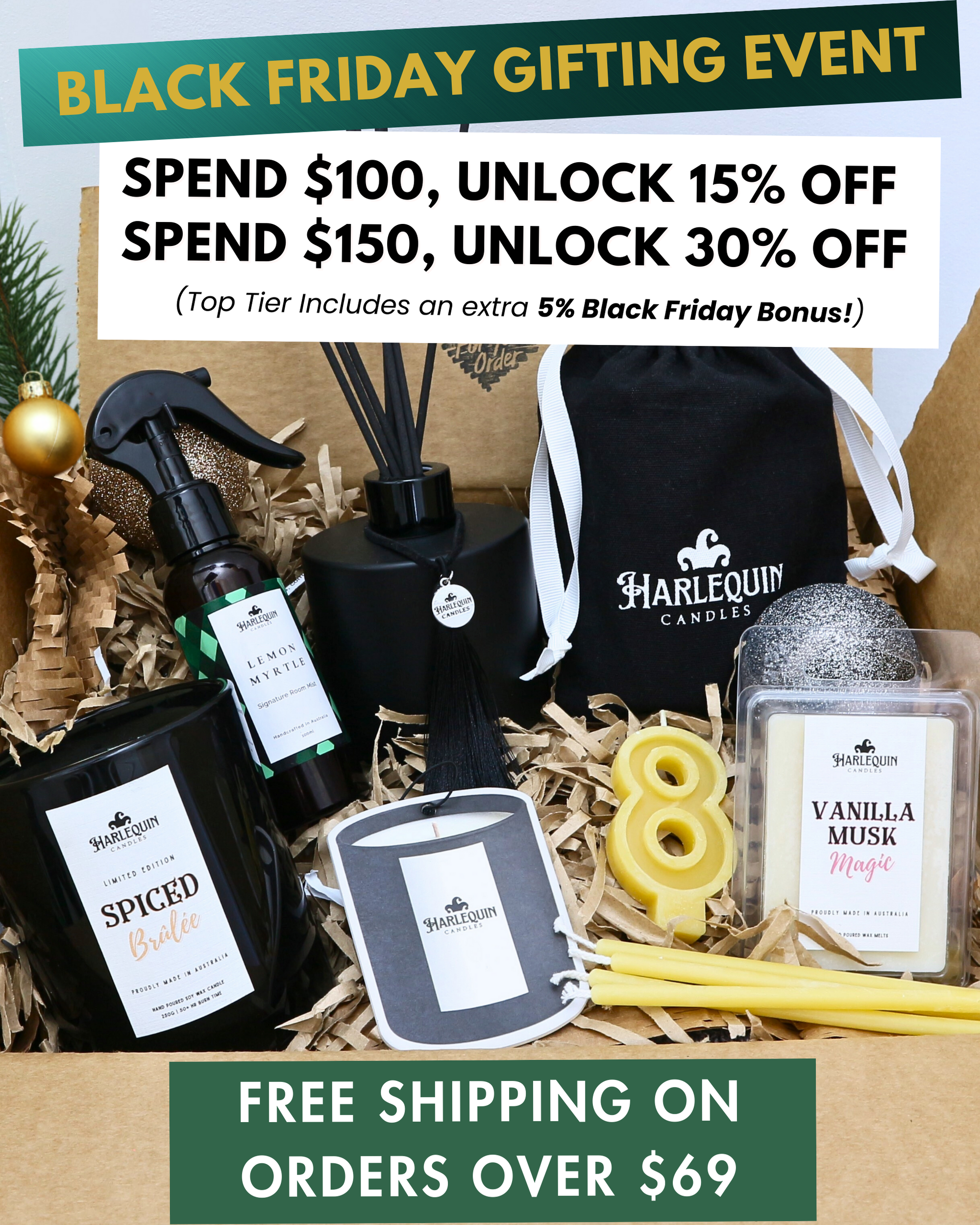 Black Friday Gifting Event banner for Harlequin Candles. A festive gift box filled with handmade soy candles, reed diffusers, and wax melts. Text reads: Spend $100 Unlock 15% Off, Spend $150 Unlock 25% Off. Free Shipping over $69.