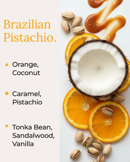 A vibrant scent note graphic for Brazilian Pistachio by Harlequin Candles. The image features a flat lay of fresh ingredients including orange slices, cracked coconut, pistachios, and swirled caramel. Text on the left lists top notes of Orange and Coconut, mid notes of Caramel and Pistachio, and base notes of Tonka Bean, Sandalwood, and Vanilla.