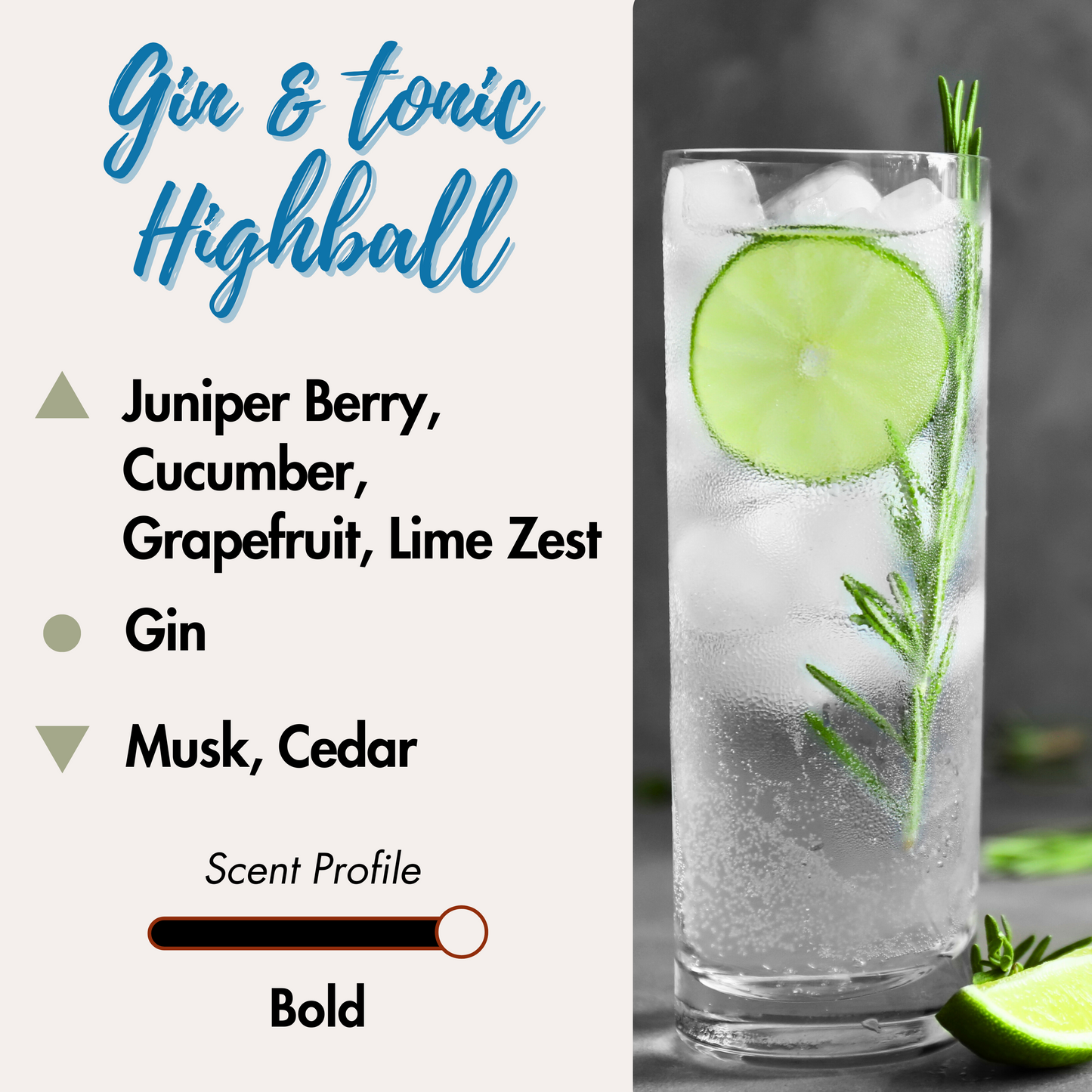 Enjoy the refreshing citrusy notes of gin and tonic. Top Notes: Juniper Berries, Cucumber, Grapefruit, Lime Zest. Middle Notes: Gin Base Notes: Musk, Cedar, Vetiver Grass