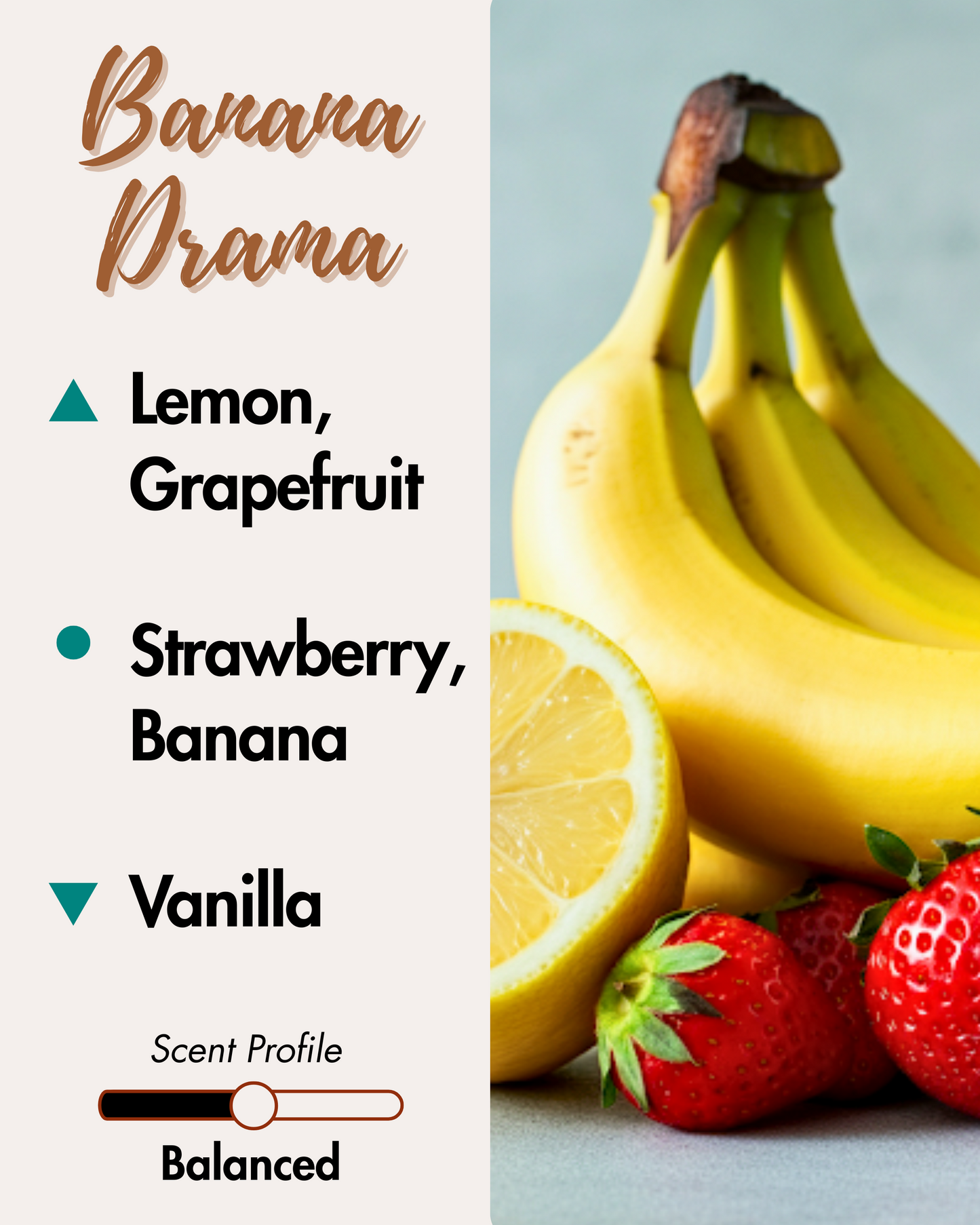 Graphic displaying Harlequin Candles Banana Drama fragrance notes. Top notes: Lemon, Grapefruit. Middle notes: Strawberry, Banana. Base note: Vanilla. Scent profile is rated as Balanced. The image shows fresh yellow bananas, ripe red strawberries, and a sliced lemon.