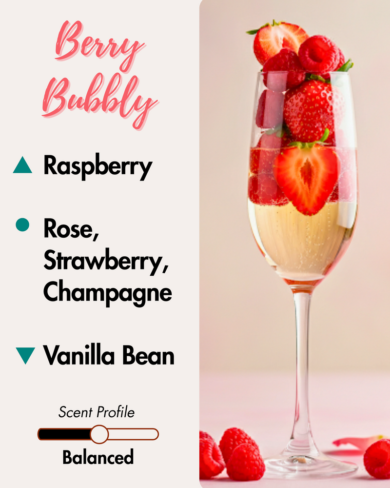 Graphic displaying Harlequin Candles Berry Bubbly fragrance notes. Top note: Raspberry. Middle notes: Rose, Strawberry, Champagne. Base note: Vanilla Bean. Scent profile is rated as Balanced. The image shows a champagne flute filled with a sparkling drink, fresh strawberries, and raspberries.