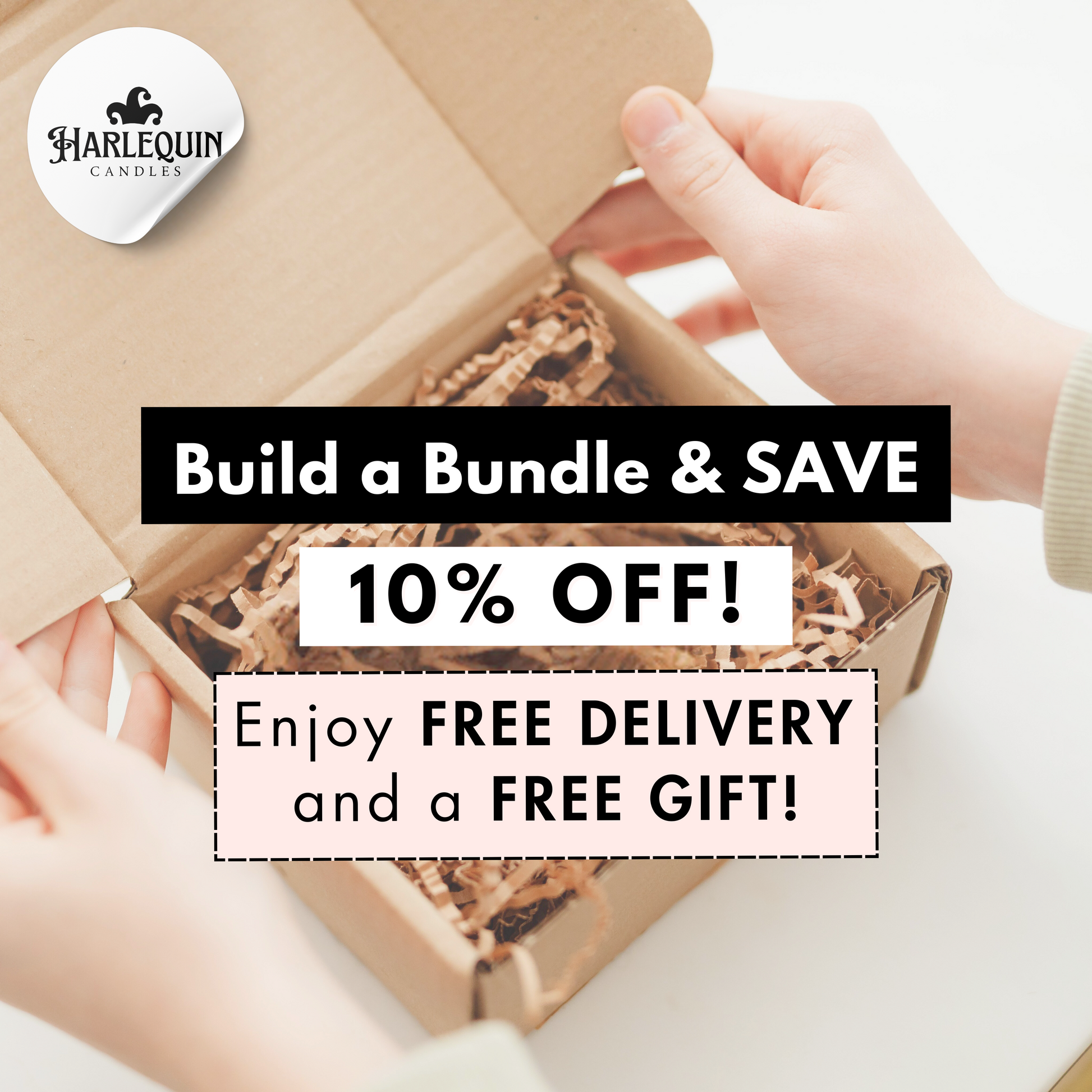 Promotional banner by Harlequin Candles: 'Build a Bundle & SAVE 10% OFF! Enjoy FREE DELIVERY and a FREE GIFT!'. Shows hands opening a brown cardboard box filled with shredded packing paper, with the Harlequin Candles logo prominently displayed. Highlights a special offer on customisable home fragrance bundles for Australian customers.