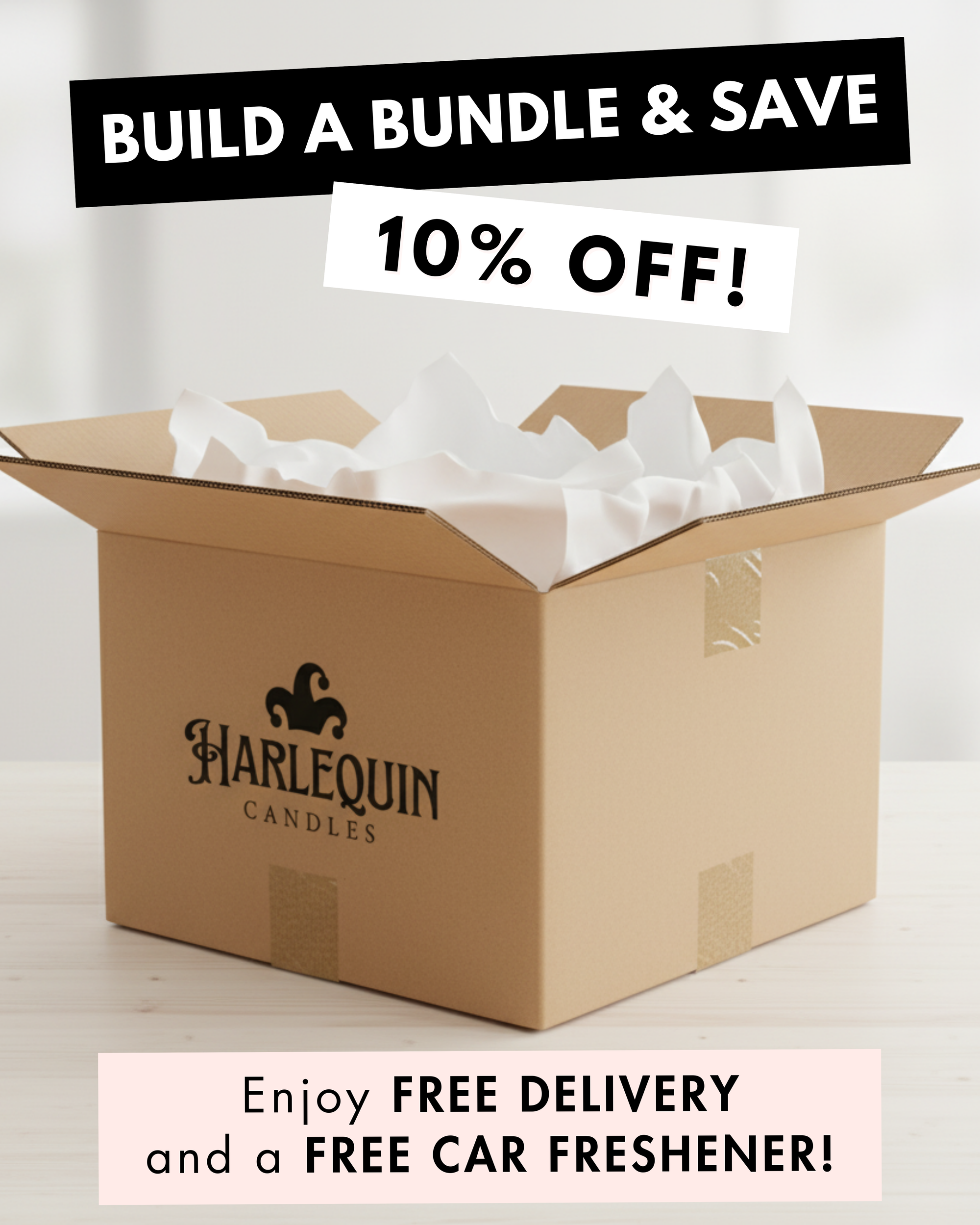 Promotional banner by Harlequin Candles: 'Build a Bundle & SAVE 10% OFF! Enjoy FREE DELIVERY and a FREE GIFT!'. Shows hands opening a brown cardboard box filled with shredded packing paper, with the Harlequin Candles logo prominently displayed. Highlights a special offer on customisable home fragrance bundles for Australian customers.