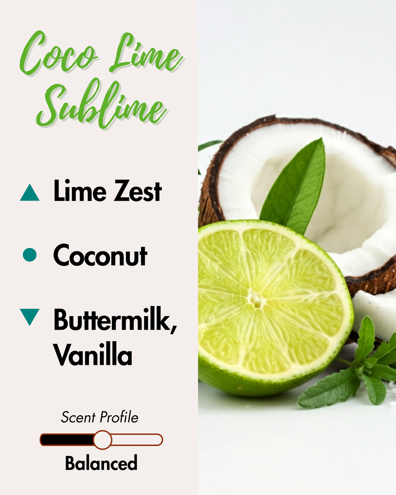 Graphic displaying Harlequin Candles Coco Lime Sublime fragrance notes. Top note: Lime Zest. Middle note: Coconut. Base notes: Buttermilk, Vanilla. Scent profile is rated as Balanced. The image shows a fresh green lime half and a cracked coconut, evoking a tropical aroma.