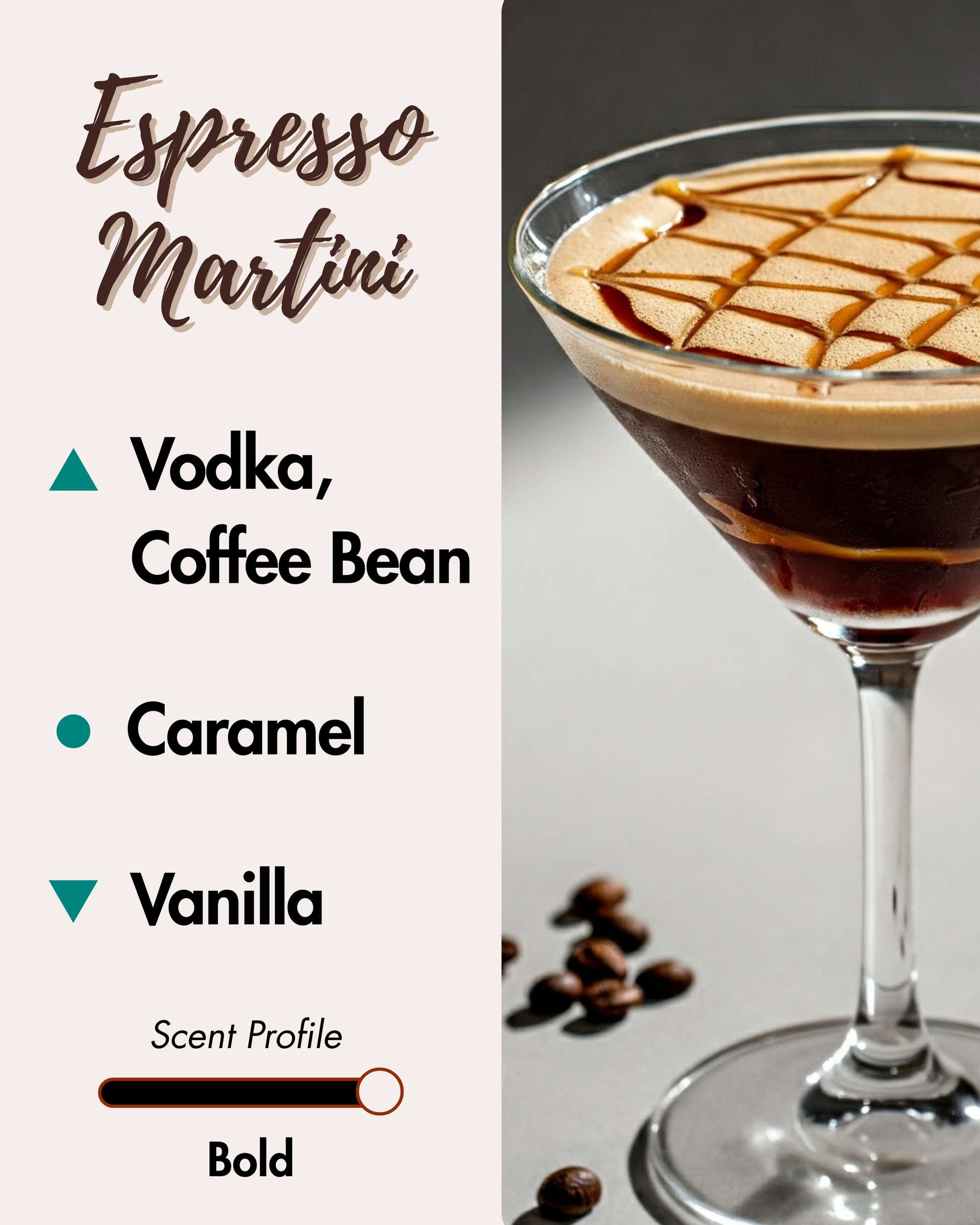 Graphic displaying Harlequin Candles Espresso Martini fragrance notes. Top notes: Vodka, Coffee Bean. Middle note: Caramel. Base note: Vanilla. Scent profile is rated as Bold. The image shows a classic Espresso Martini cocktail garnished with coffee beans and a caramel drizzle.