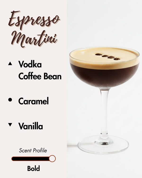 Graphic displaying Harlequin Candles Espresso Martini fragrance notes. Top notes: Vodka, Coffee Bean. Middle note: Caramel. Base note: Vanilla. Scent profile is rated as Bold. The image shows a classic Espresso Martini cocktail garnished with coffee beans and a caramel drizzle.