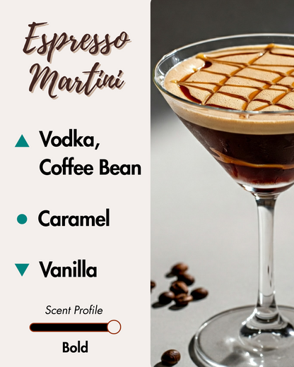 Graphic displaying Harlequin Candles Espresso Martini fragrance notes. Top notes: Vodka, Coffee Bean. Middle note: Caramel. Base note: Vanilla. Scent profile is rated as Bold. The image shows a classic Espresso Martini cocktail garnished with coffee beans and a caramel drizzle.