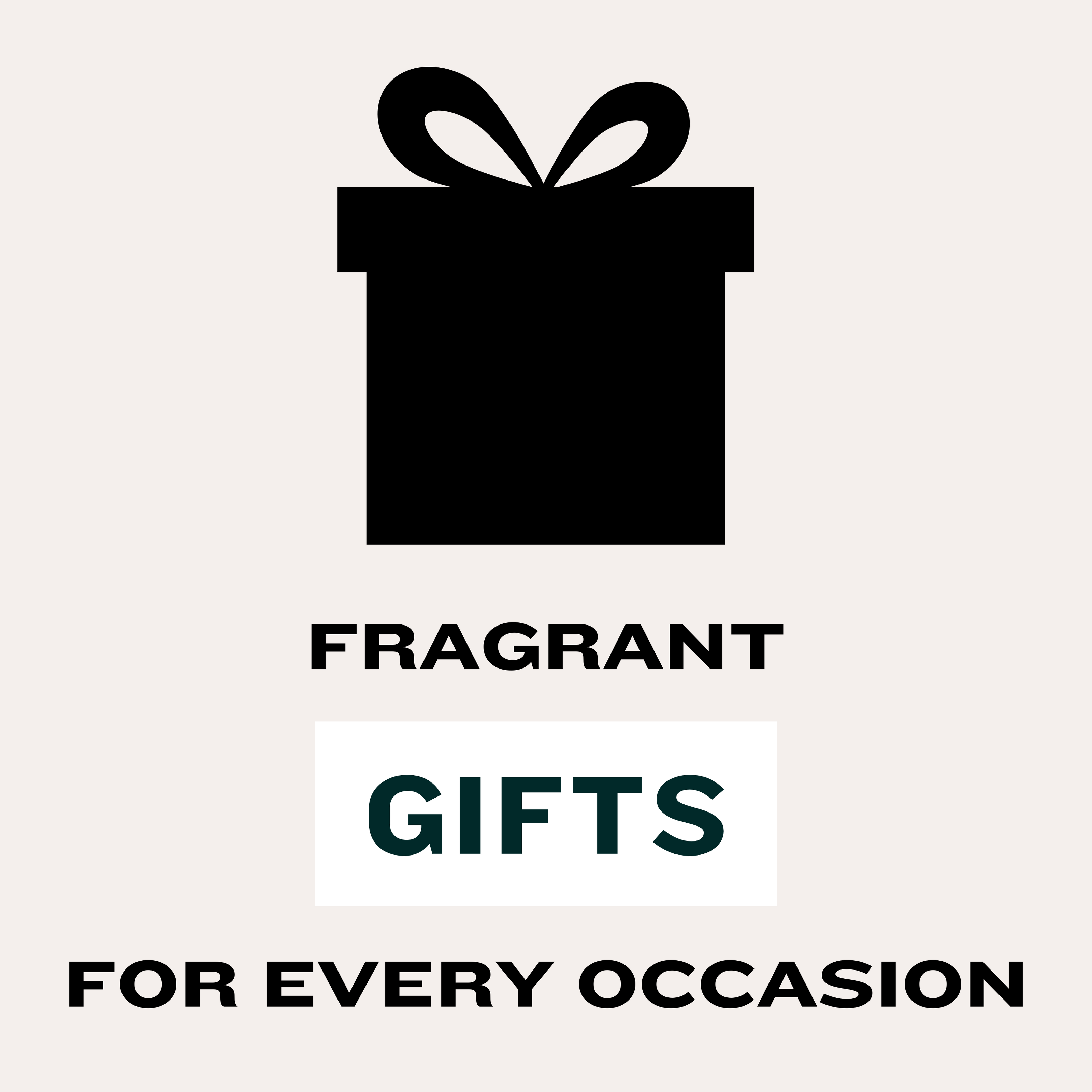 Graphic with a black gift box icon and text: 'FRAGRANT GIFTS FOR EVERY OCCASION'. Highlights Harlequin Candles' range of home fragrance products as perfect presents for any event in Australia.