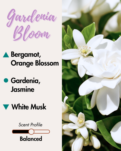A graphic advertising a "Gardenia Bloom" reed diffuser. The left side lists scent notes: top notes are Bergamot and Orange Blossom; middle notes are Gardenia and Jasmine; and the base note is White Musk. A scent profile bar indicates "Balanced." The right side features a close-up photo of white gardenia flowers with green leaves.