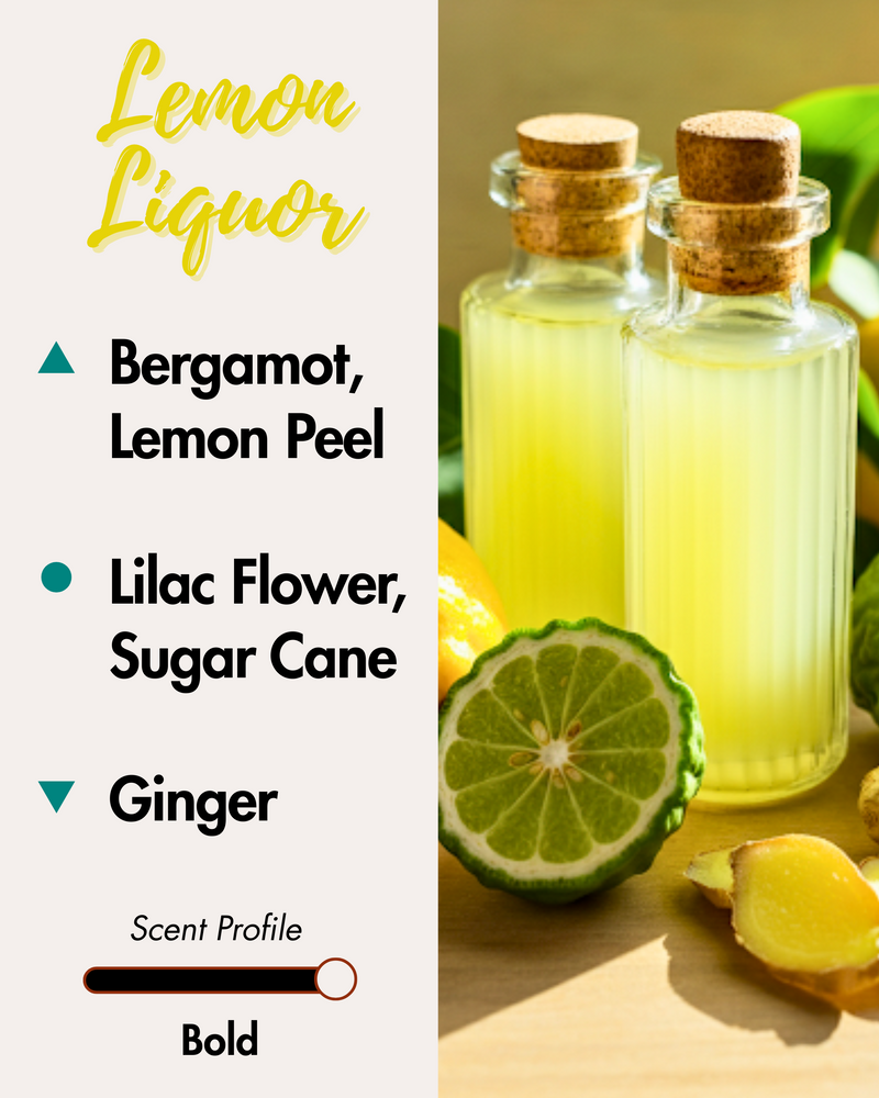 Graphic displaying Harlequin Candles Lemon Liquor fragrance notes. Top notes: Bergamot, Lemon Peel. Middle notes: Lilac Flower, Sugar Cane. Base note: Ginger. Scent profile is rated as Bold. The image shows two small corked bottles of yellow liquid, a sliced bergamot, and fresh ginger.
