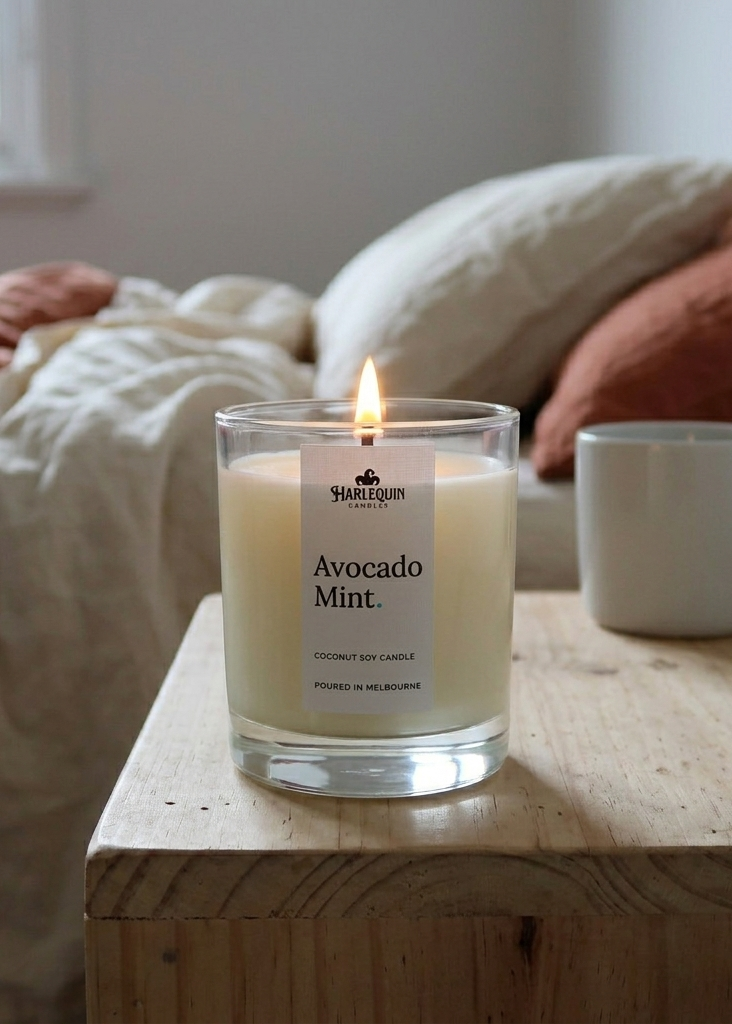 Hand-poured Avocado Mint coconut soy candle by Harlequin Candles, styled in a cosy Melbourne home setting on a wooden bedside table.