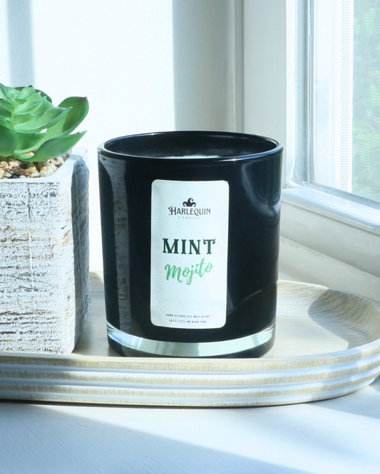A Harlequin Candles "Mint Mojito" hand-poured soy wax candle in a black glass jar, styled on a wooden tray next to a potted succulent plant. Premium Australian made scented candle.