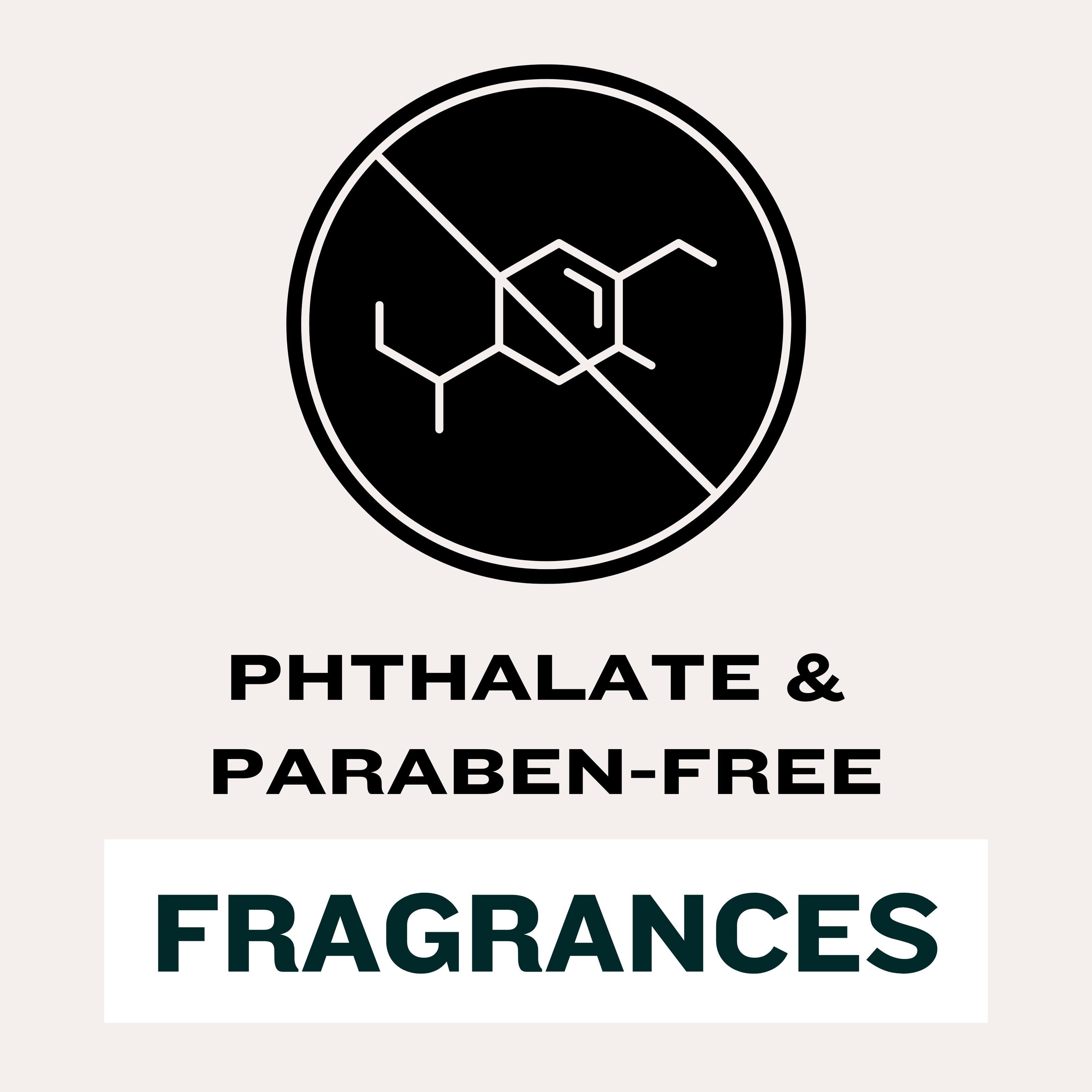 Graphic with a black icon of a chemical structure crossed out, and text that reads 'PHTHALATE & PARABEN-FREE FRAGRANCES'. Highlights Harlequin Candles' commitment to safe, non-toxic home fragrance ingredients for Australian customers.