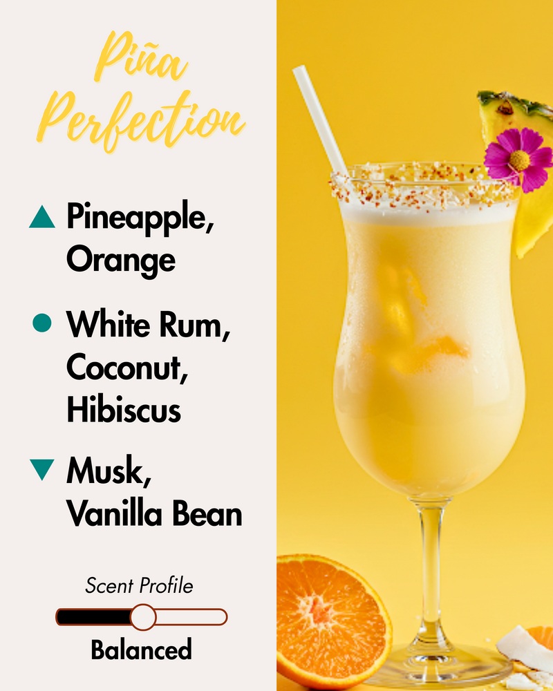 Graphic displaying Harlequin Candles Piña Perfection (Pina Colada scent) fragrance notes. Top notes: Pineapple, Orange. Middle notes: White Rum, Coconut, Hibiscus. Base notes: Musk, Vanilla Bean. Scent profile is rated as Balanced.