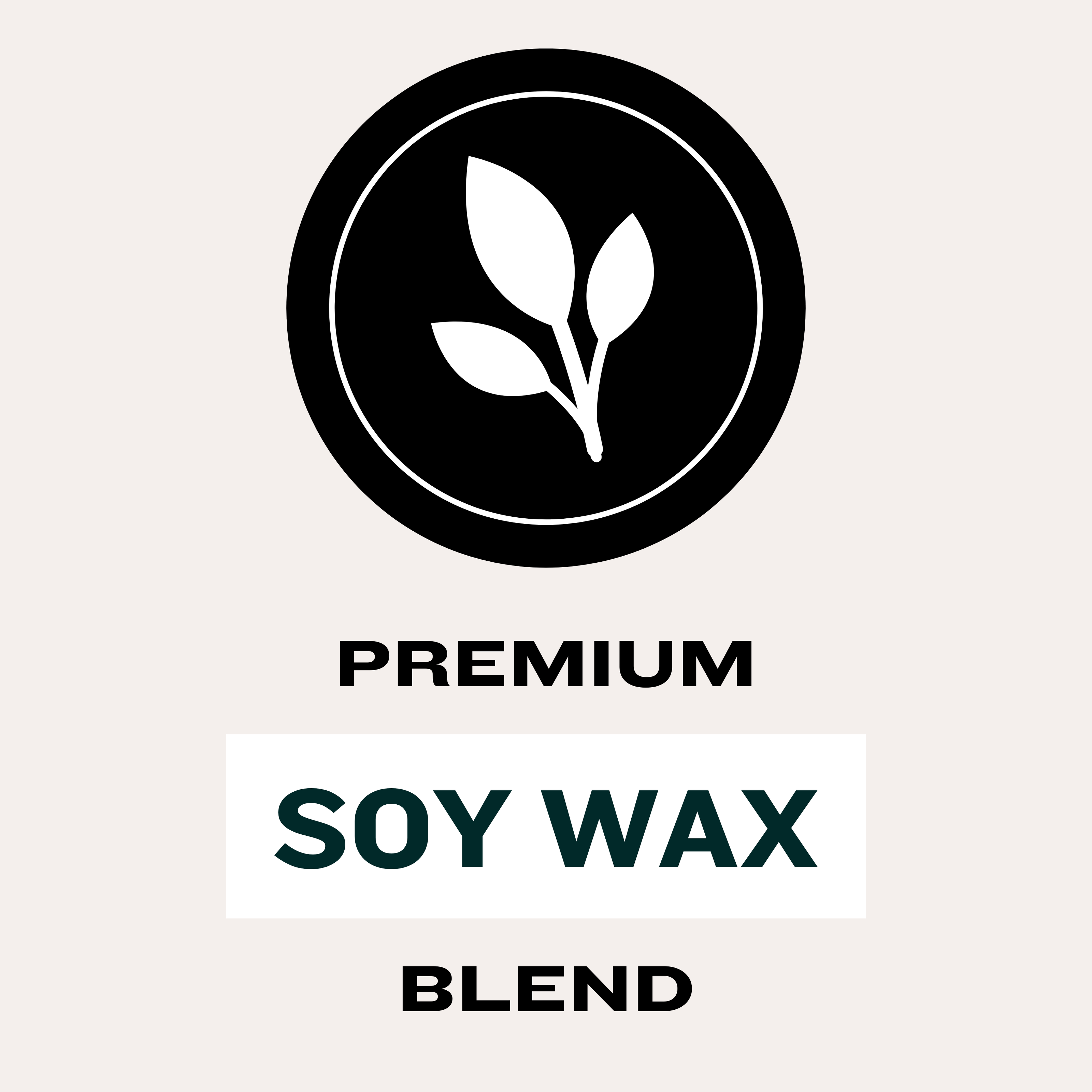 Graphic with a black circular icon featuring white leaves, representing natural ingredients. Text reads: 'PREMIUM SOY WAX BLEND'. Highlights Harlequin Candles' commitment to using high-quality, eco-friendly soy wax for cleaner burning candles and melts.