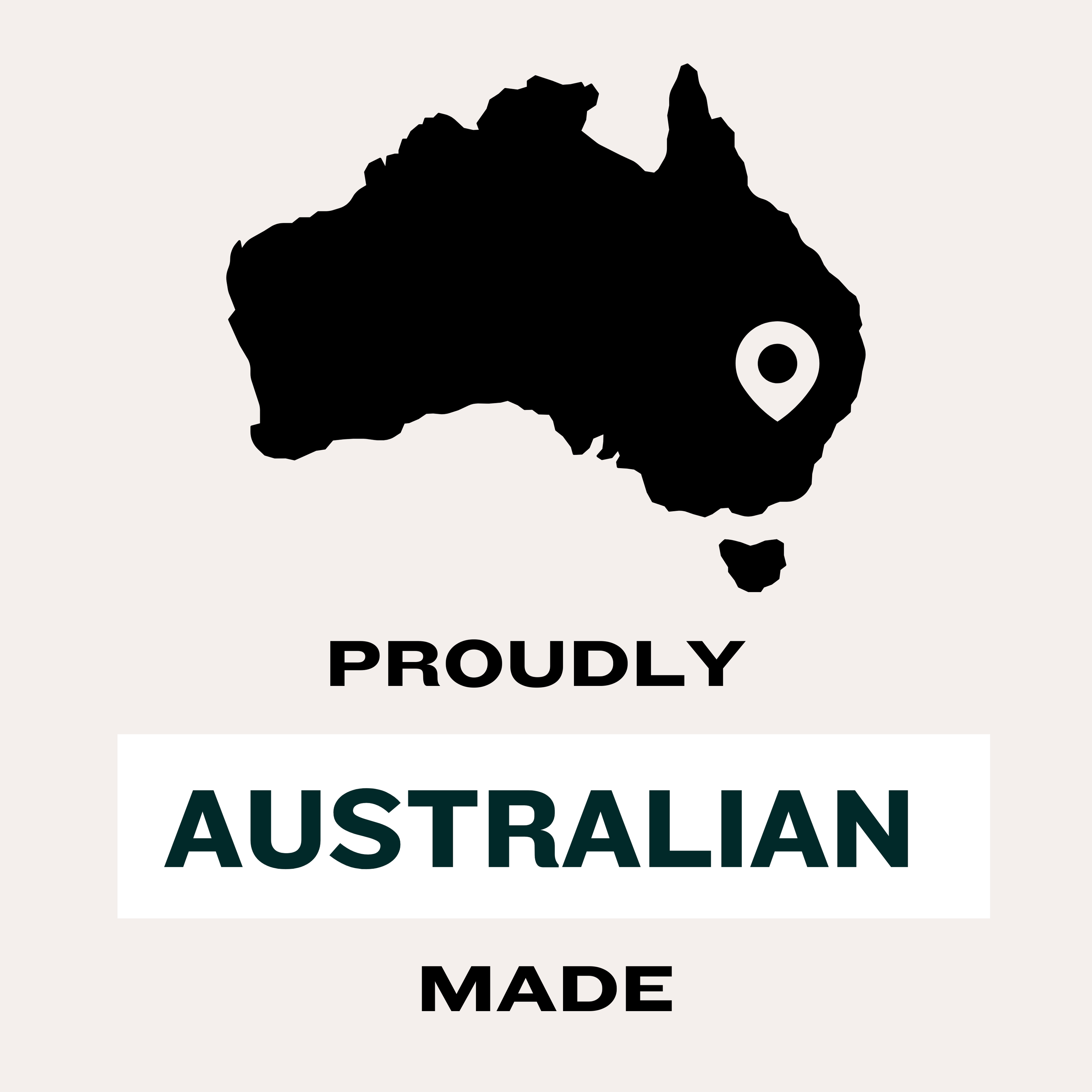 Graphic featuring a black silhouette map of Australia with a white location pin, and text that reads: 'PROUDLY AUSTRALIAN MADE'. Highlights Harlequin Candles' commitment to local manufacturing and supports Australian businesses.