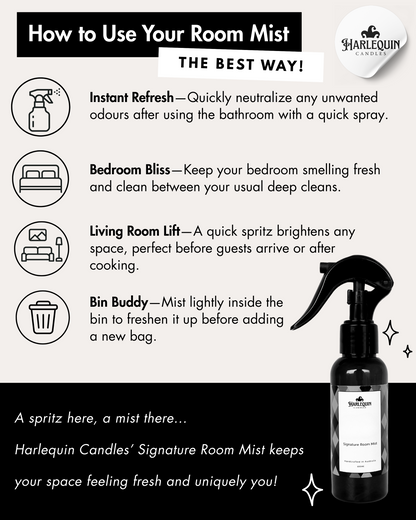 Infographic by Harlequin Candles: 'How to Use Your Room Mist The Best Way!' Tips include Instant Refresh (for bathrooms), Bedroom Bliss (keep fresh), Living Room Lift (brighten space), and Bin Buddy (freshen bins). Features a Harlequin Candles Signature Room Mist bottle, highlighting versatile home fragrance applications.