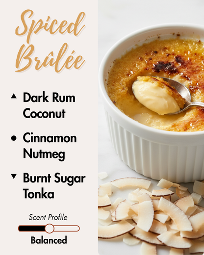 Graphic displaying Harlequin Candles Spiced Brulee fragrance notes. Top notes: Dark rum. Middle notes: Cinammon, nutmeg. Base note: burnt sugar, tonka. Scent profile is rated as Bold. The image shows creme brulee evoking a warm and comforting scent for christmas.